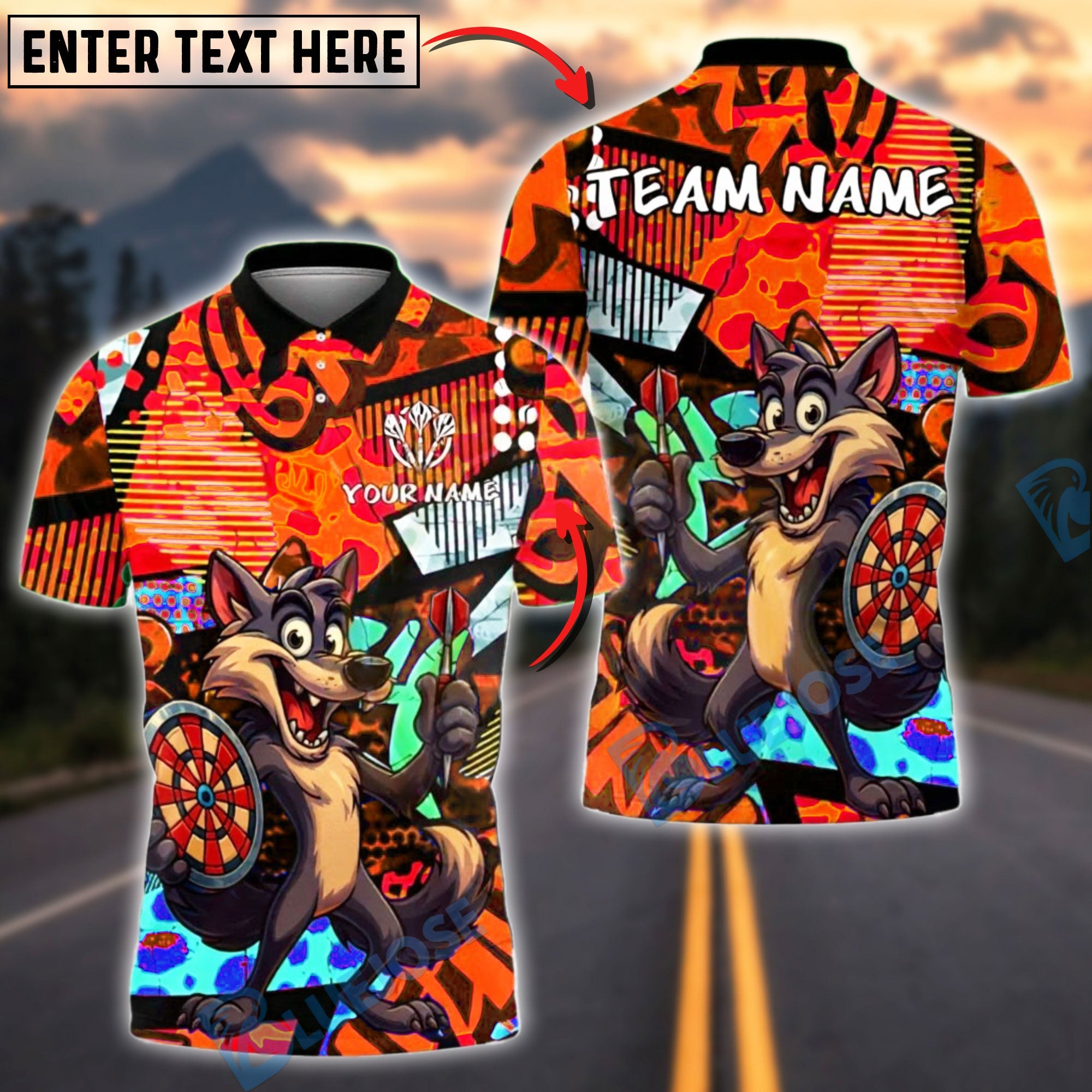 BlueJose Darts Funny Wolf Graffiti Style Customized Name, Team Name 3D Shirt (4 Colors)