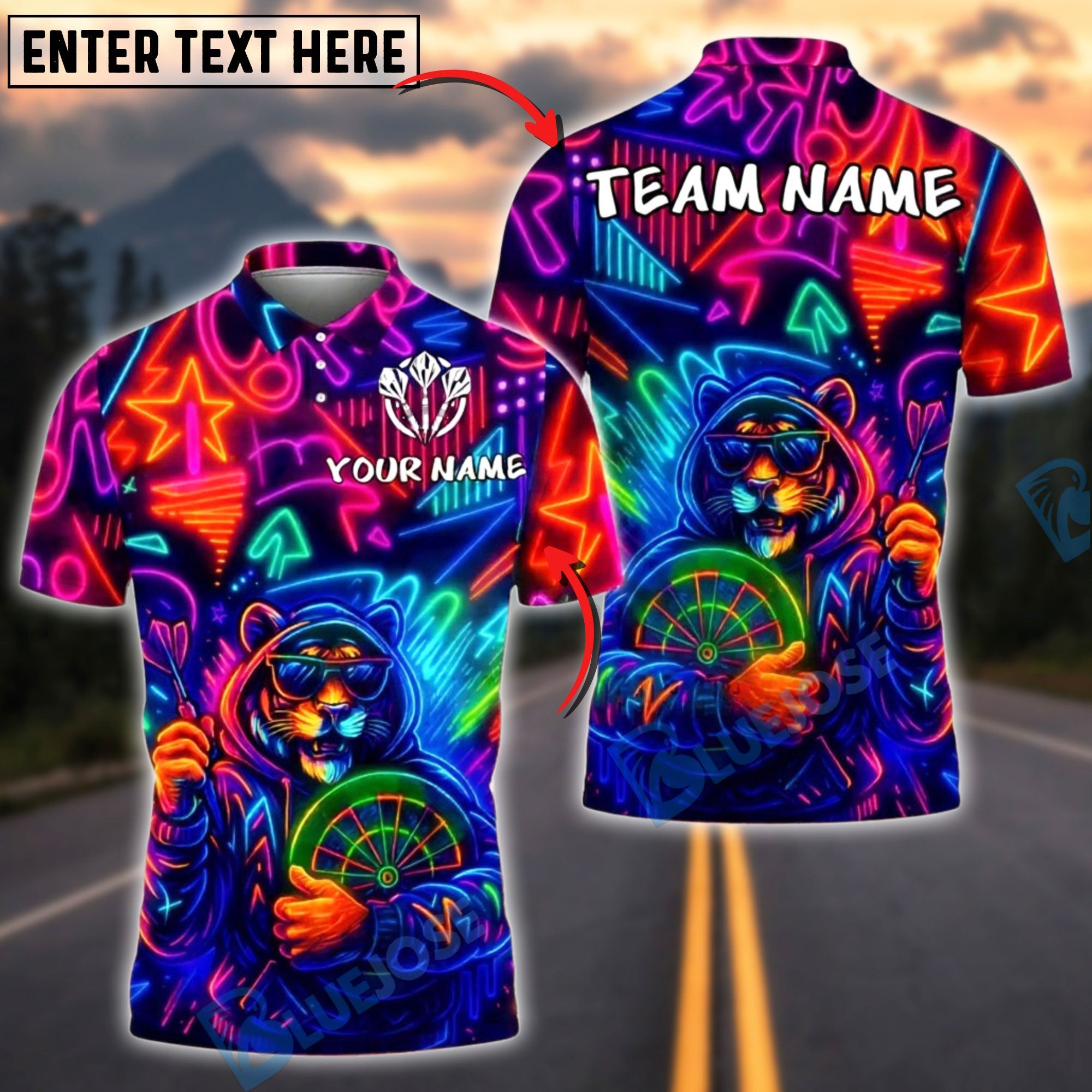 BlueJose Darts Neon Tiger Hoodie Graffiti Customized Name, Team Name 3D Shirt (4 Colors)