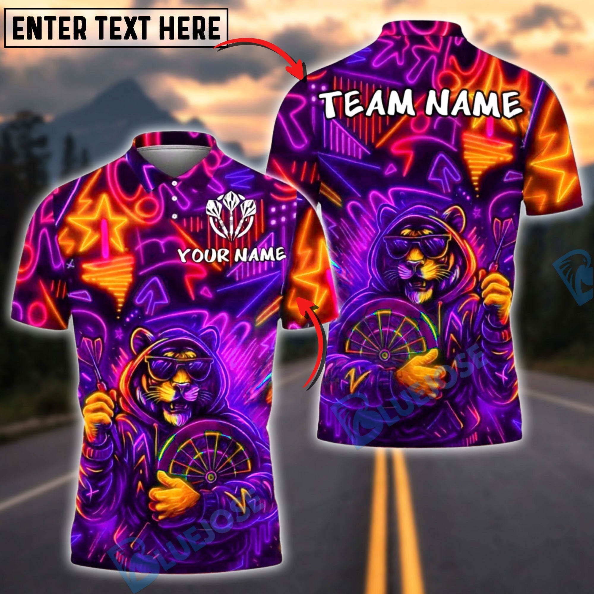 BlueJose Darts Neon Tiger Hoodie Graffiti Customized Name, Team Name 3D Shirt (4 Colors)