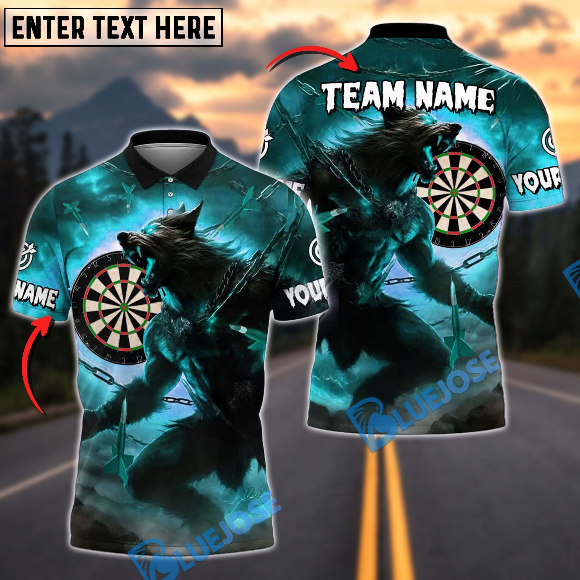 BlueJose Darts Werewolf Chains Sunset Customized Name, Team Name 3D Shirt (4 Colors)