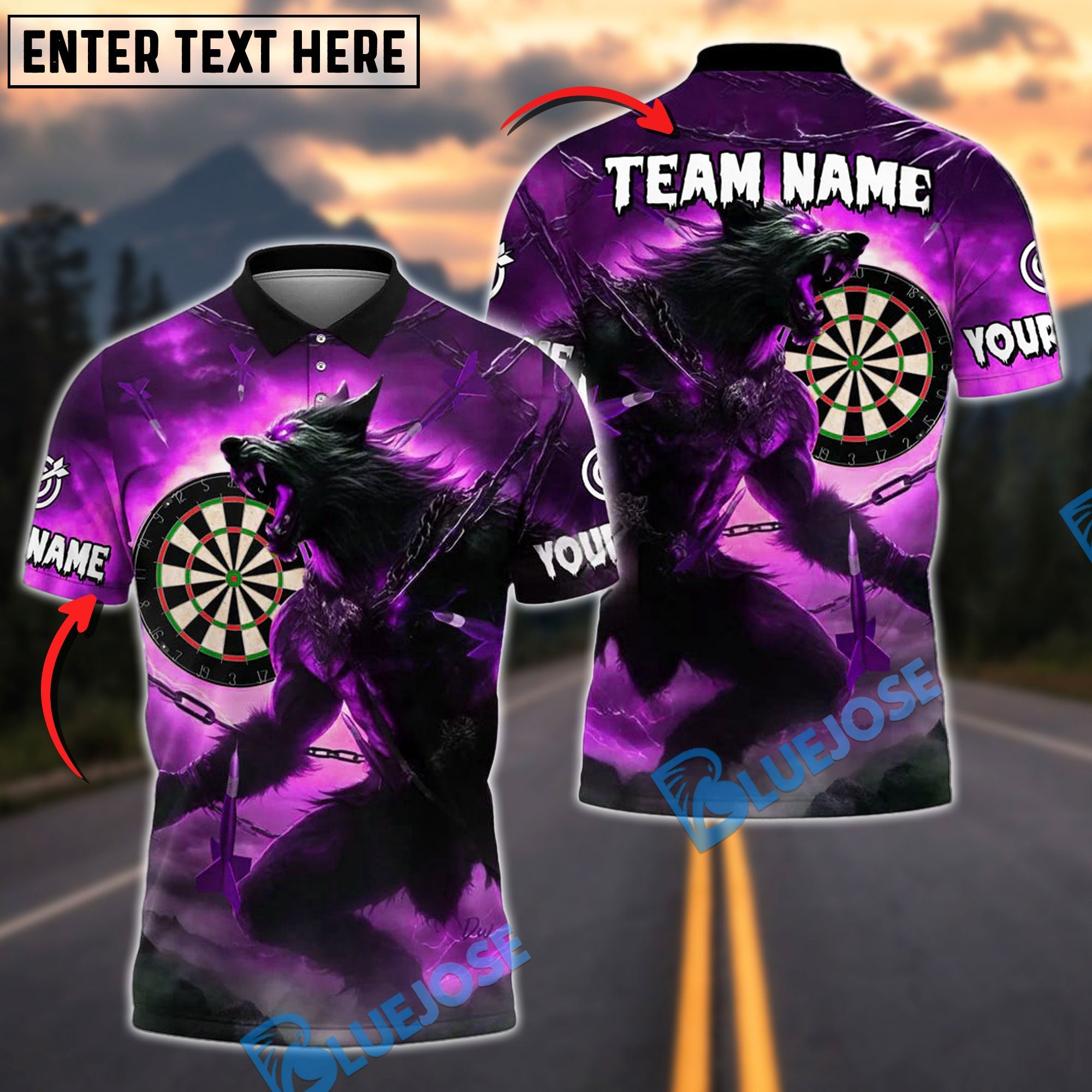 BlueJose Darts Werewolf Chains Sunset Customized Name, Team Name 3D Shirt (4 Colors)