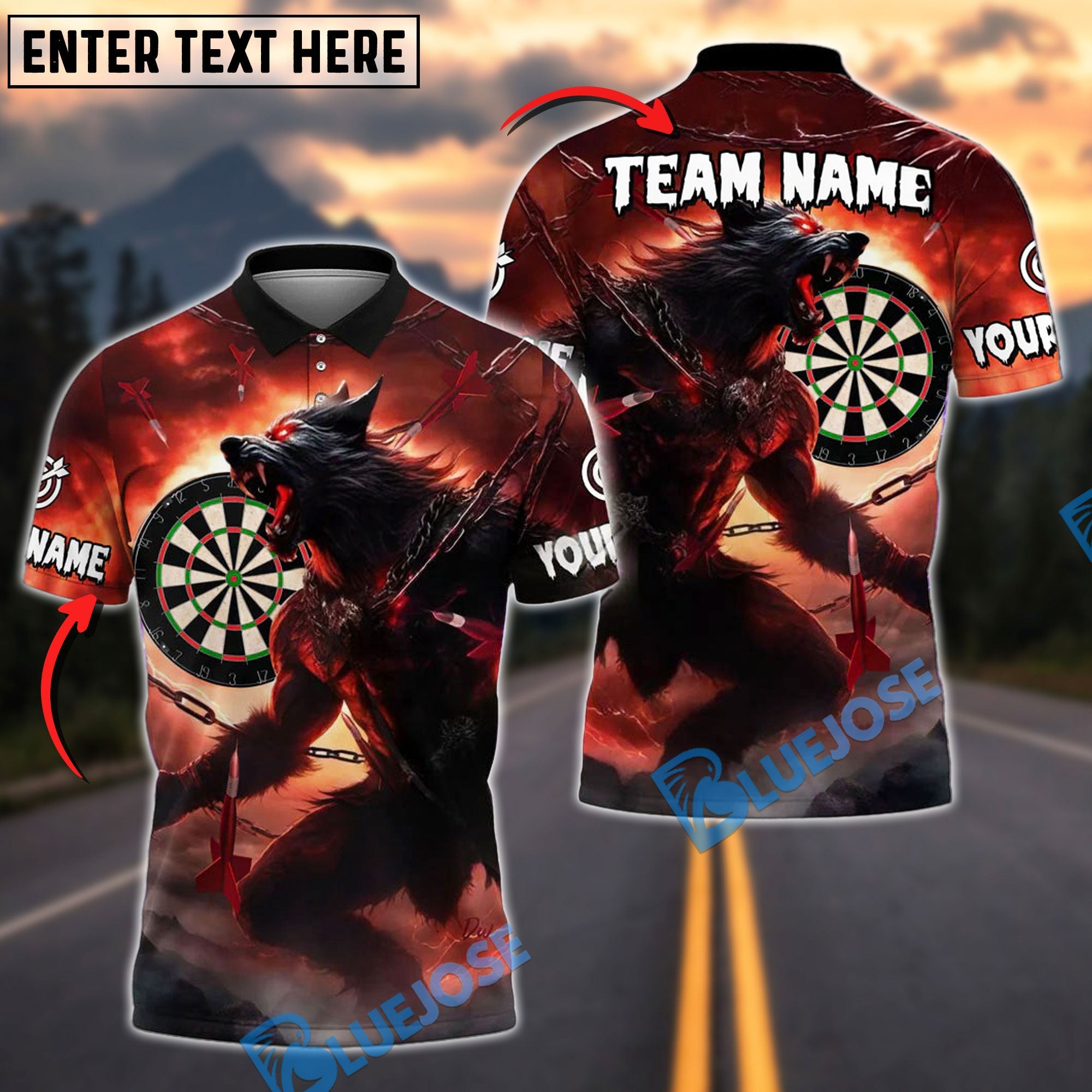 BlueJose Darts Werewolf Chains Sunset Customized Name, Team Name 3D Shirt (4 Colors)