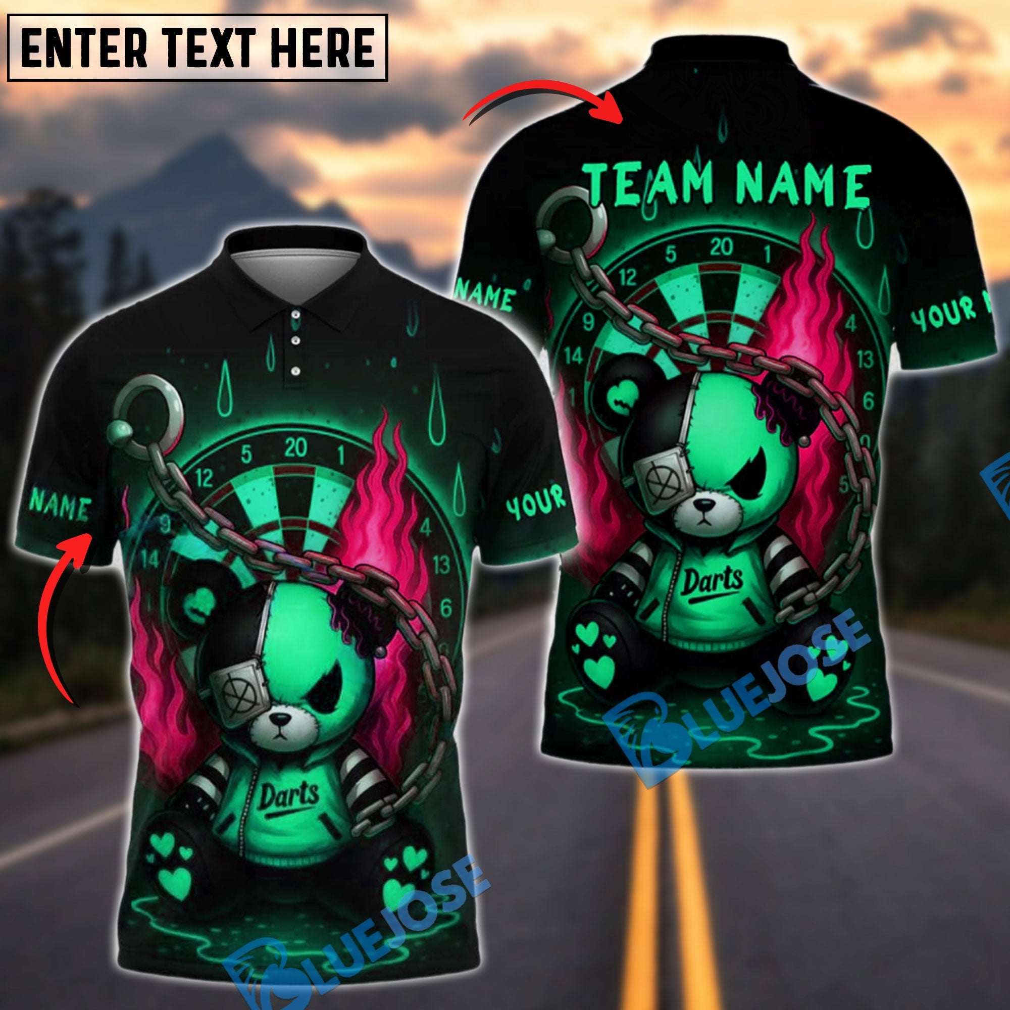BlueJose Darts Teddy with Chains & Flames Personalized Name, Team Name Shirt (4 Colors)
