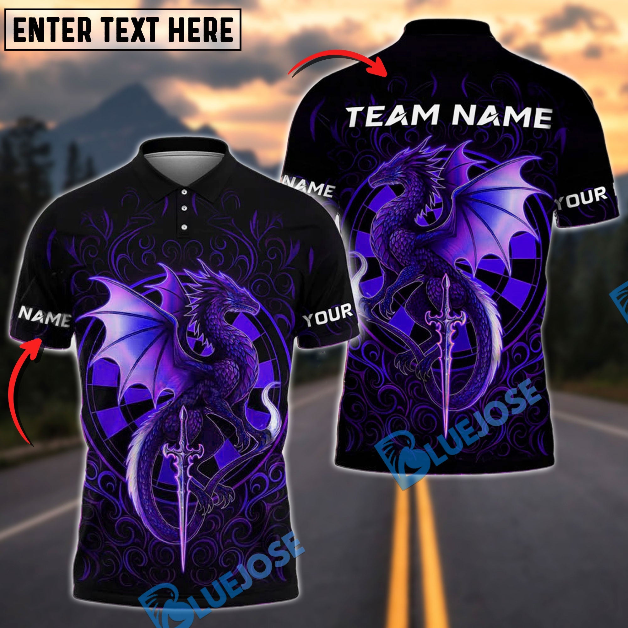 BlueJose Darts Fantasy Dragon Blade Personalized Name, Team Name Shirt (4 Colors)
