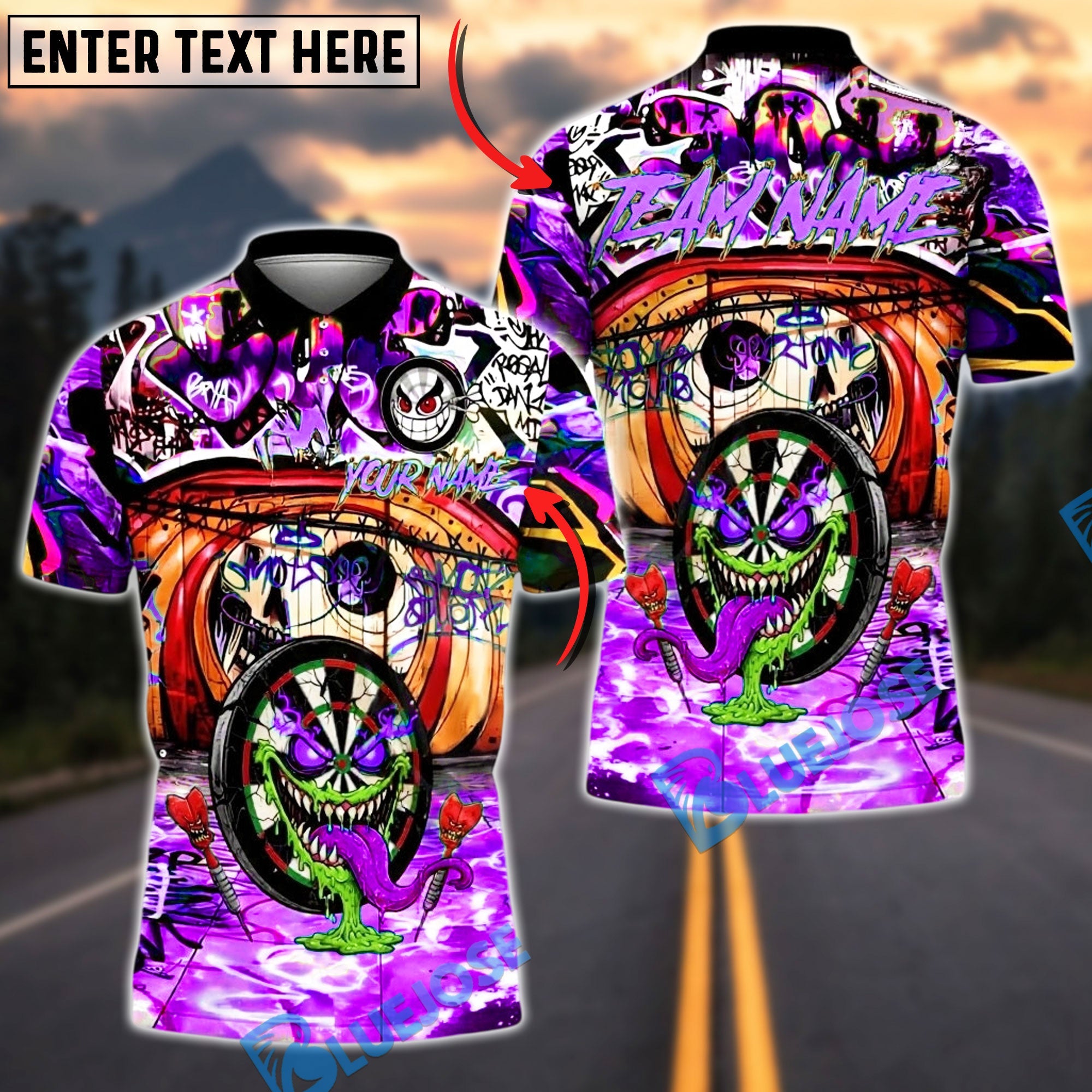 BlueJose Darts Graffiti Crazy Face Customized Name, Team Name 3D Shirt (4 Colors)