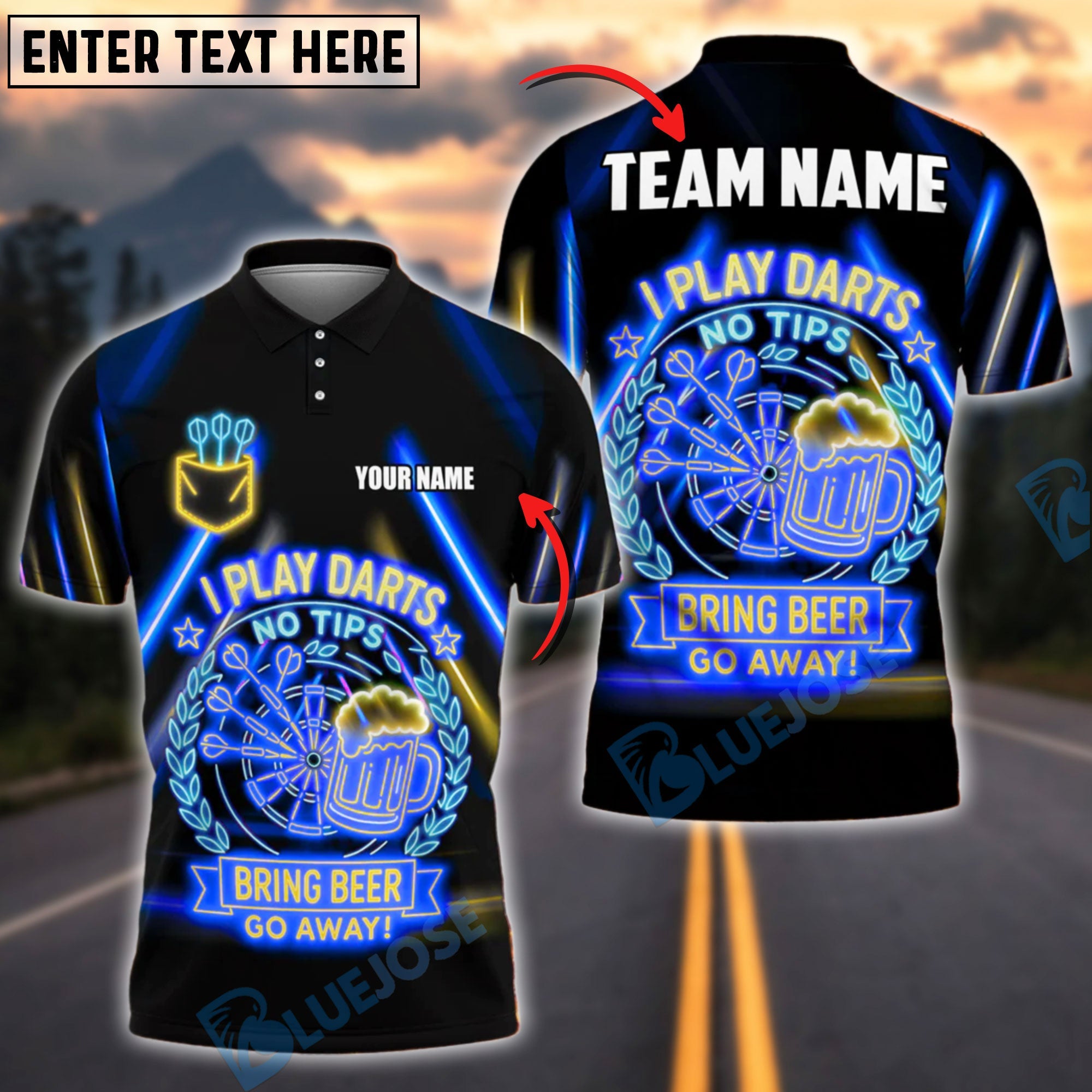BlueJose Darts No Tips Funny Shirt Neon Pub Style Customized Name, Team Name 3D Shirt (4 Colors)