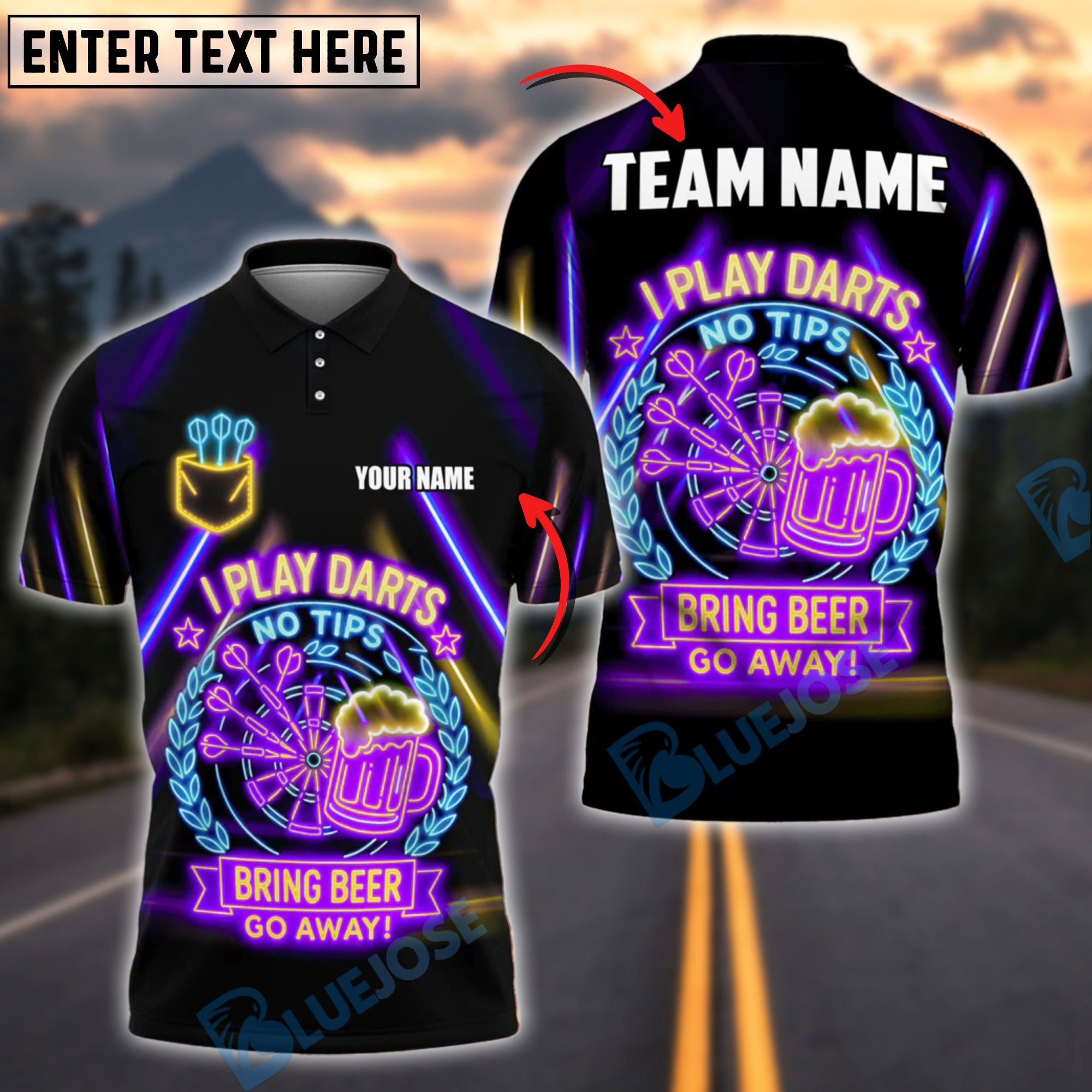 BlueJose Darts No Tips Funny Shirt Neon Pub Style Customized Name, Team Name 3D Shirt (4 Colors)
