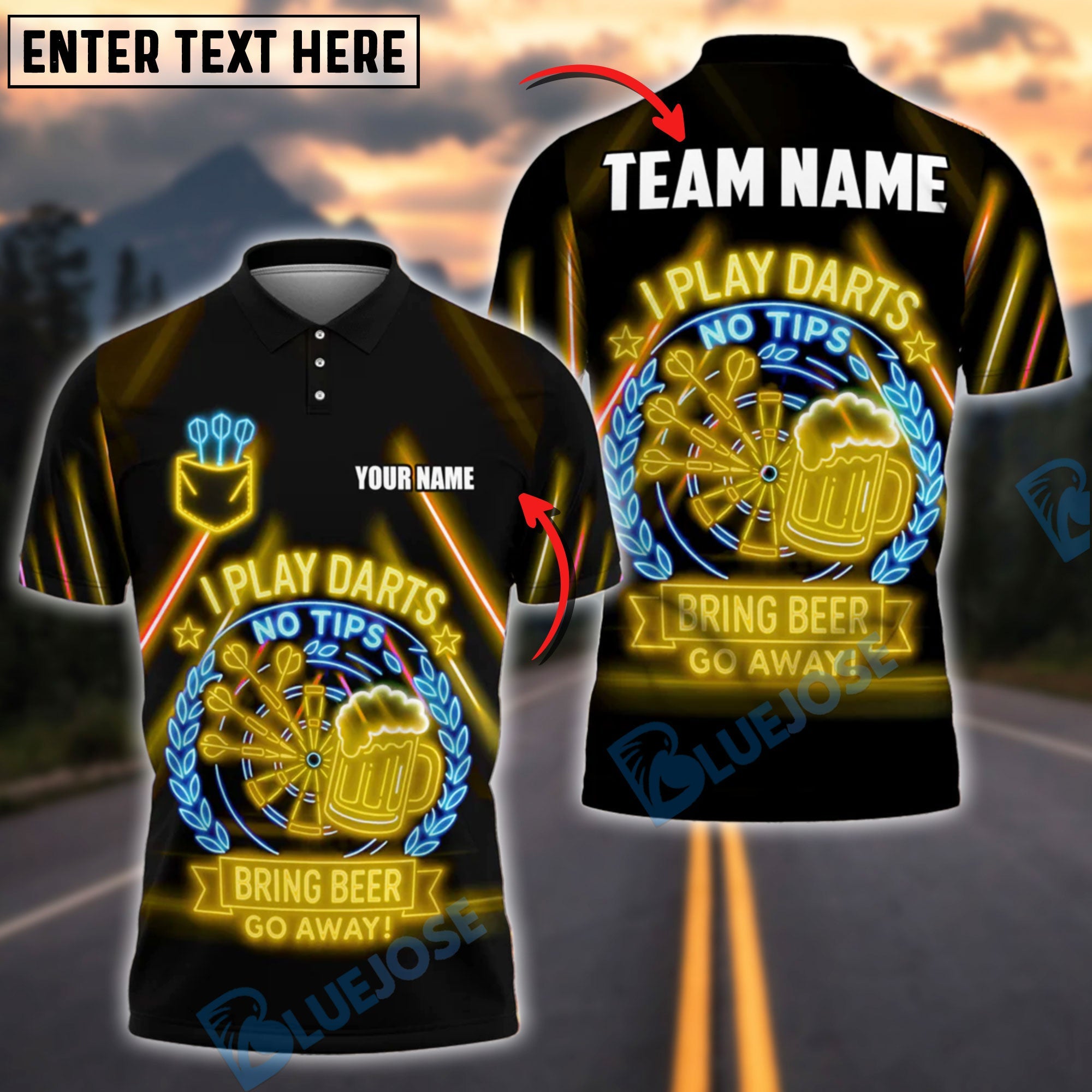 BlueJose Darts No Tips Funny Shirt Neon Pub Style Customized Name, Team Name 3D Shirt (4 Colors)