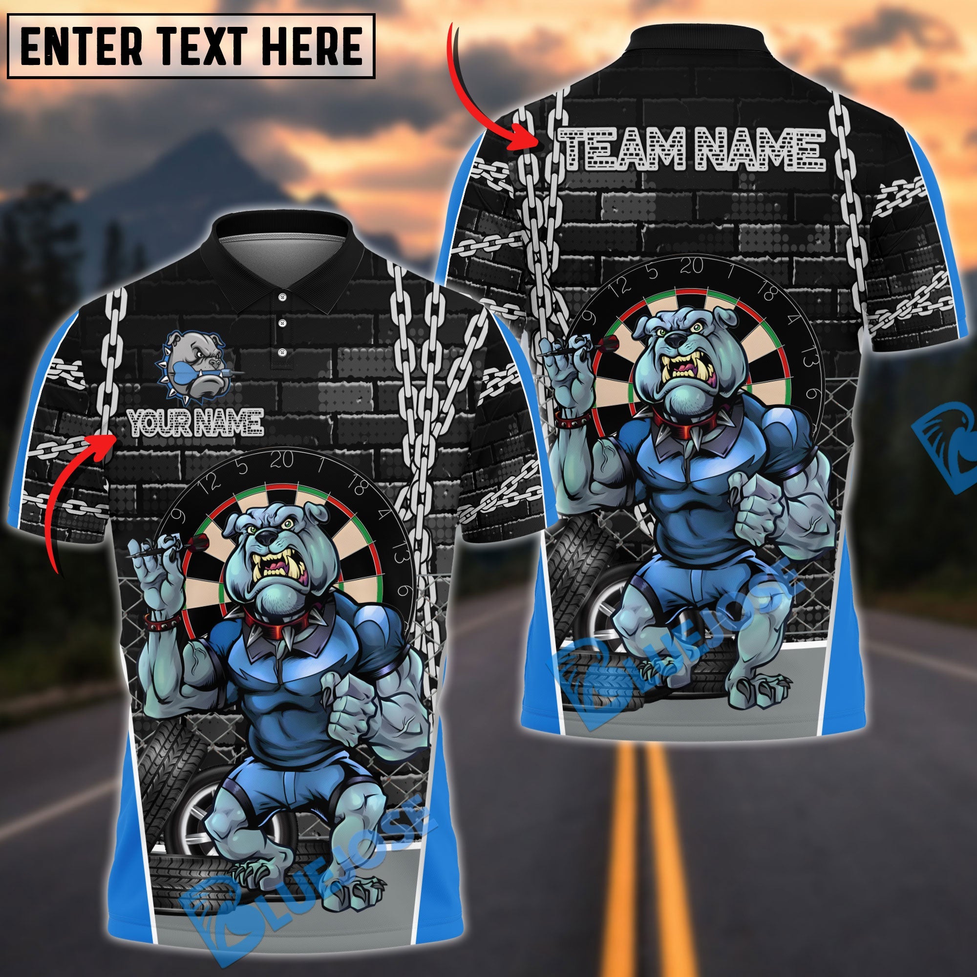 BlueJose Darts Muscular Bulldog Urban Style Personalized Name, Team Name Shirt (4 Colors)