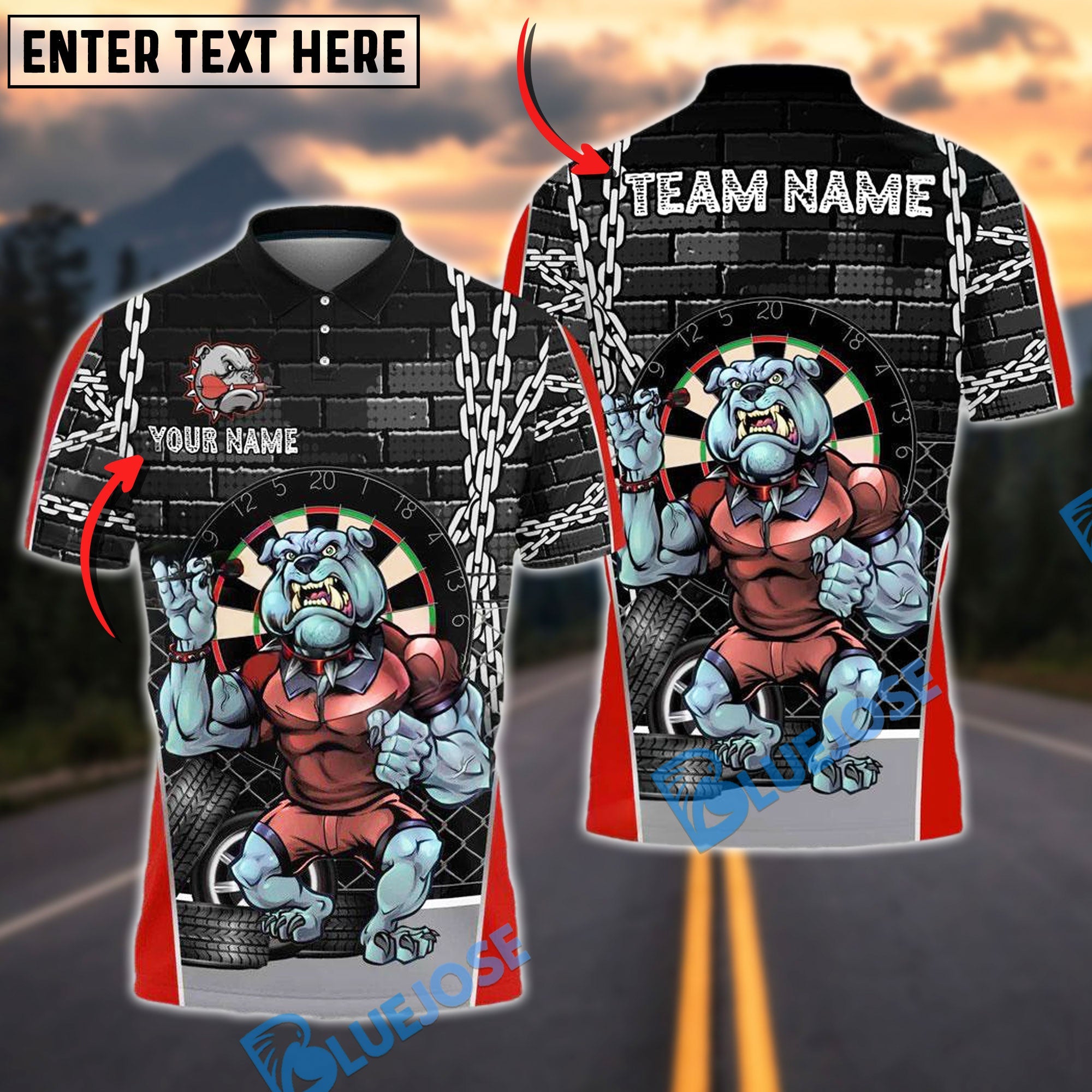BlueJose Darts Muscular Bulldog Urban Style Personalized Name, Team Name Shirt (4 Colors)