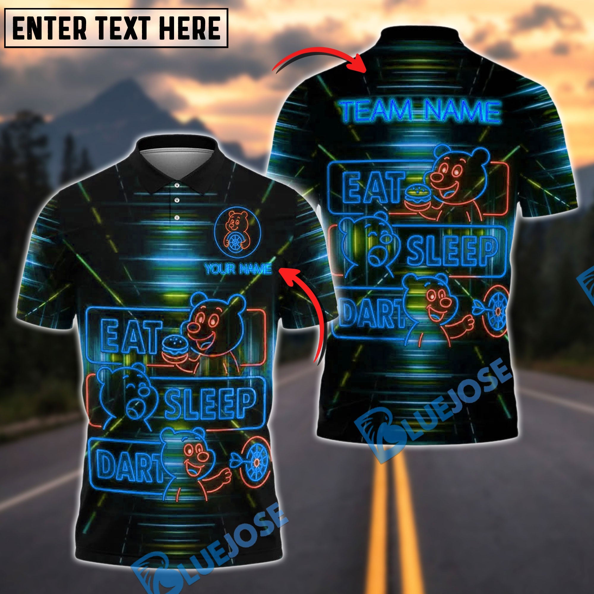 BlueJose Darts Neon Bear Eat Sleep Dart Personalized Name, Team Name Shirt (4 Colors)