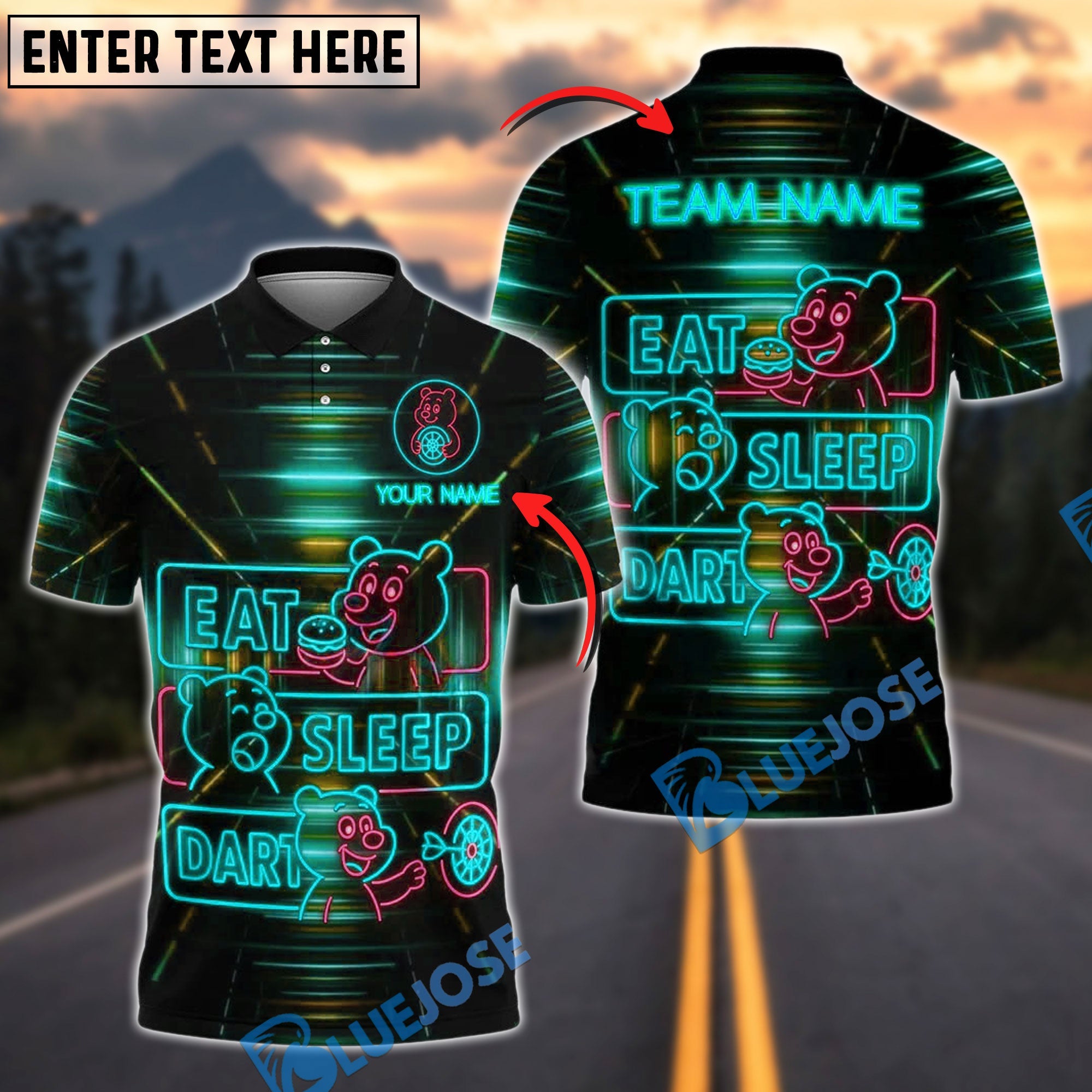 BlueJose Darts Neon Bear Eat Sleep Dart Personalized Name, Team Name Shirt (4 Colors)