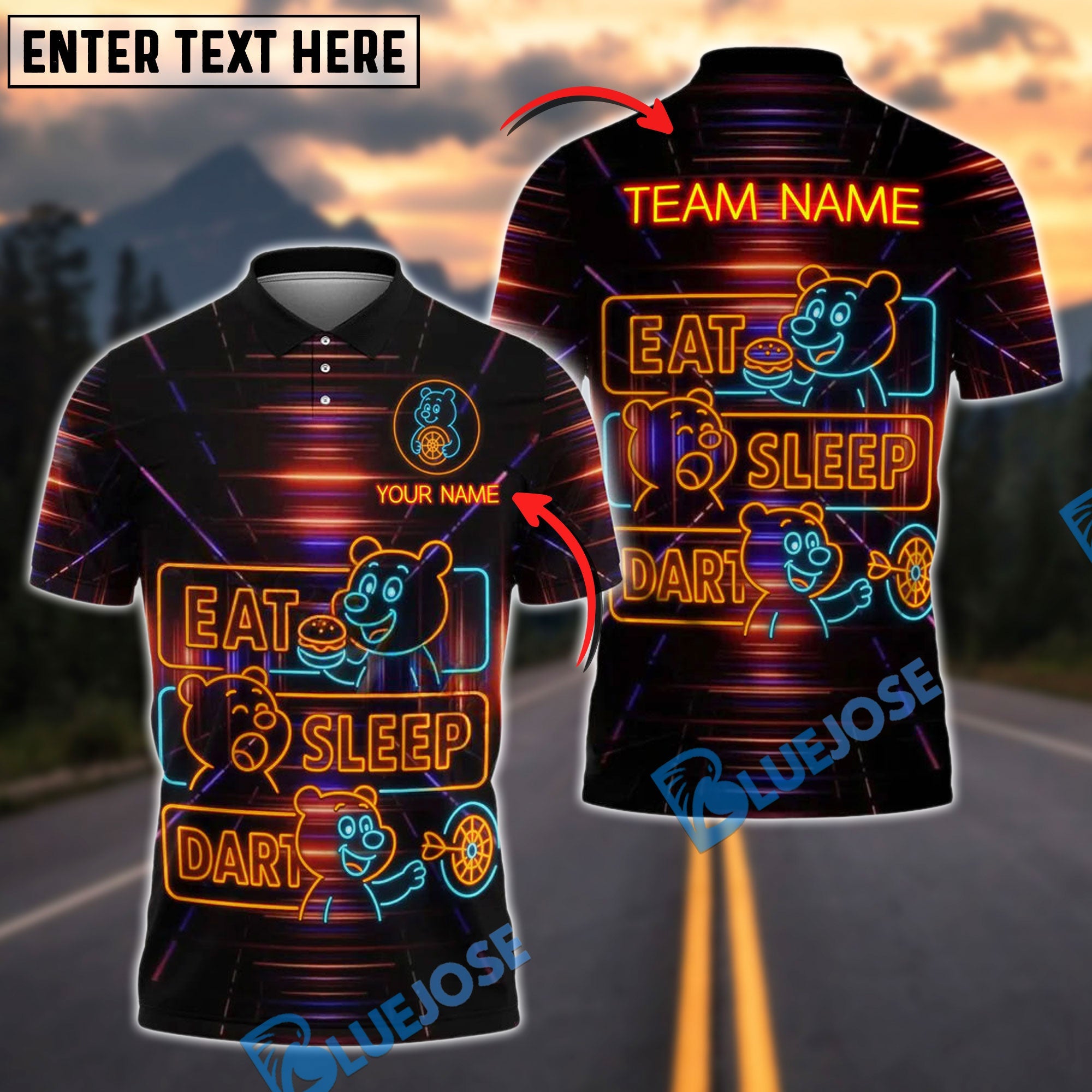 BlueJose Darts Neon Bear Eat Sleep Dart Personalized Name, Team Name Shirt (4 Colors)