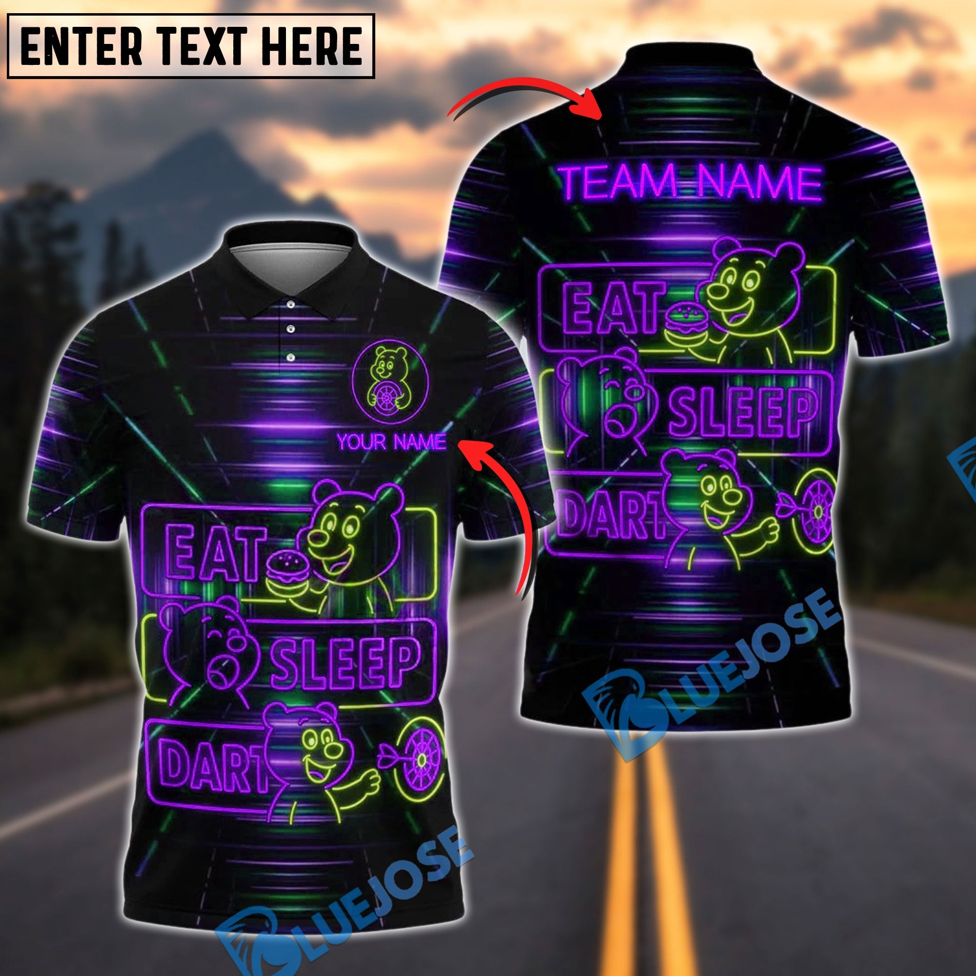BlueJose Darts Neon Bear Eat Sleep Dart Personalized Name, Team Name Shirt (4 Colors)