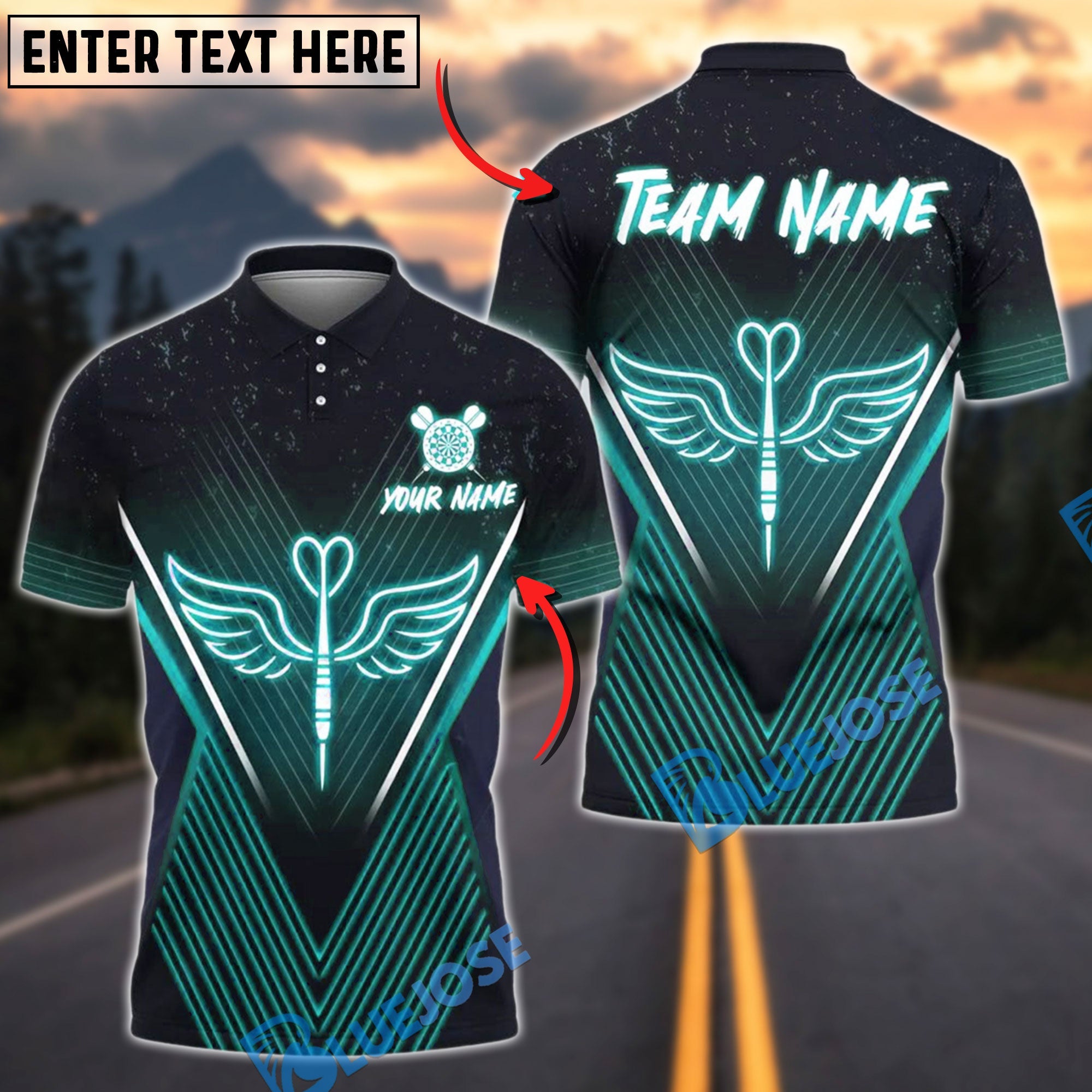 BlueJose Darts Neon Winged Personalized Name, Team Name Shirt (4 Colors)
