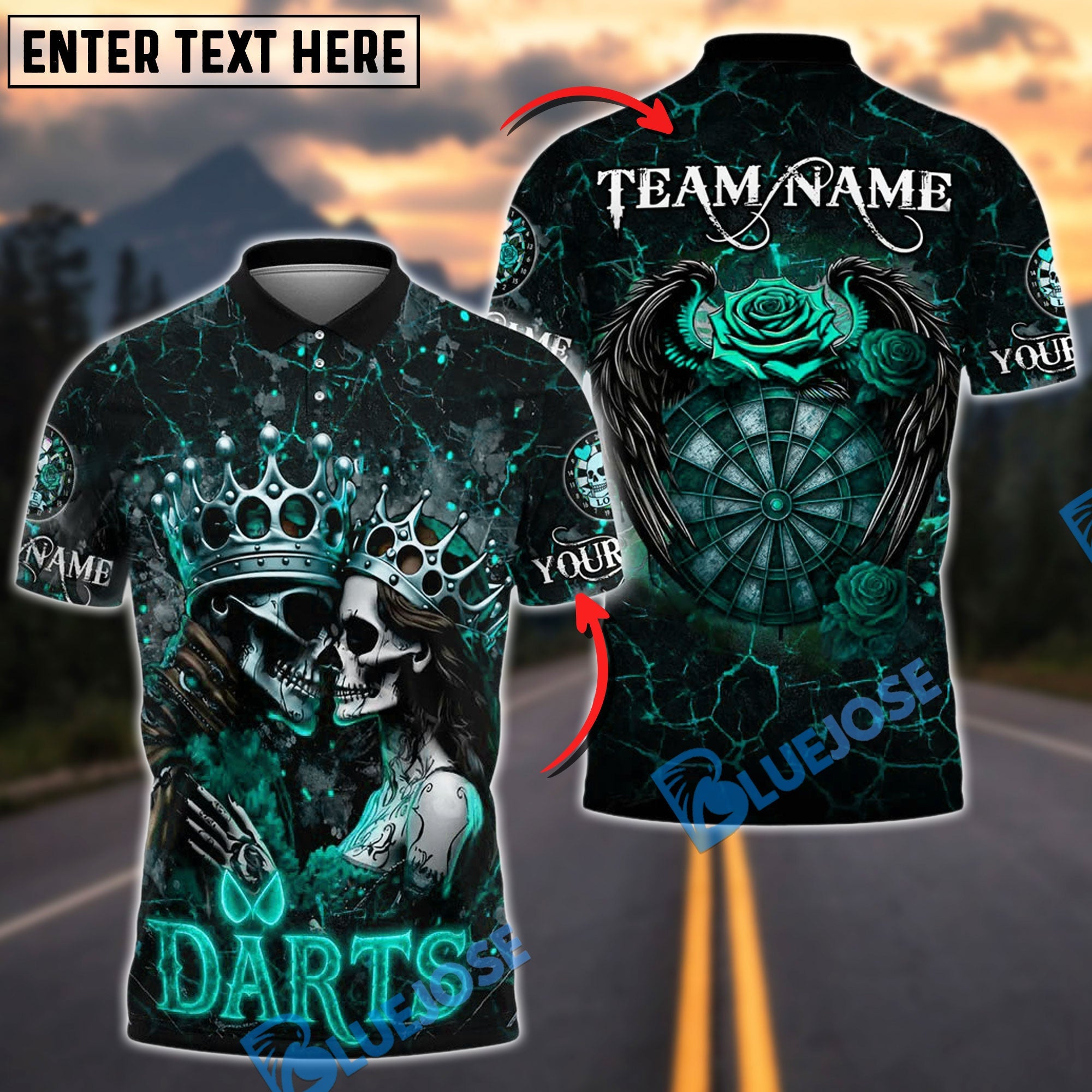 BlueJose Darts Skull Couple Crown Gothic Dartboard Design Personalized Name, Team Name Shirt (4 Colors)