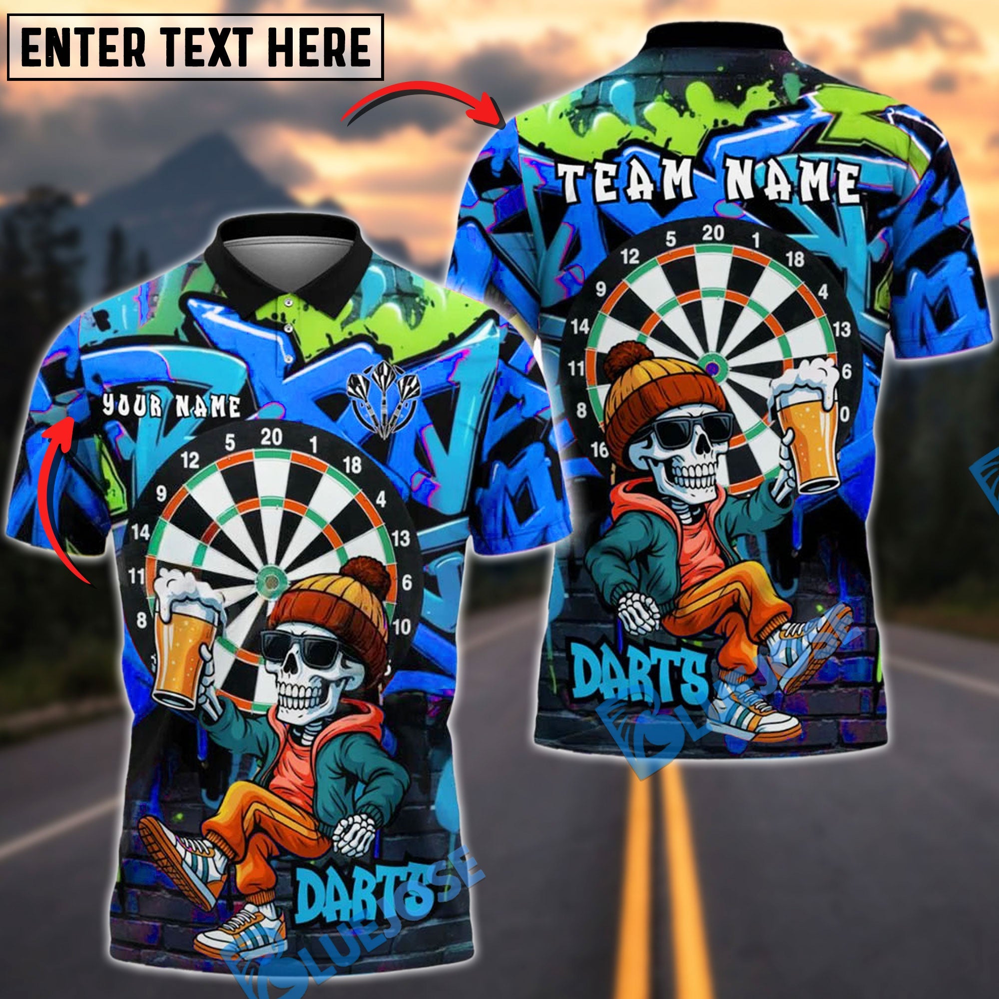 BlueJose Darts Graffiti Skeleton Beer Style Personalized Name, Team Name Shirt (4 Colors)