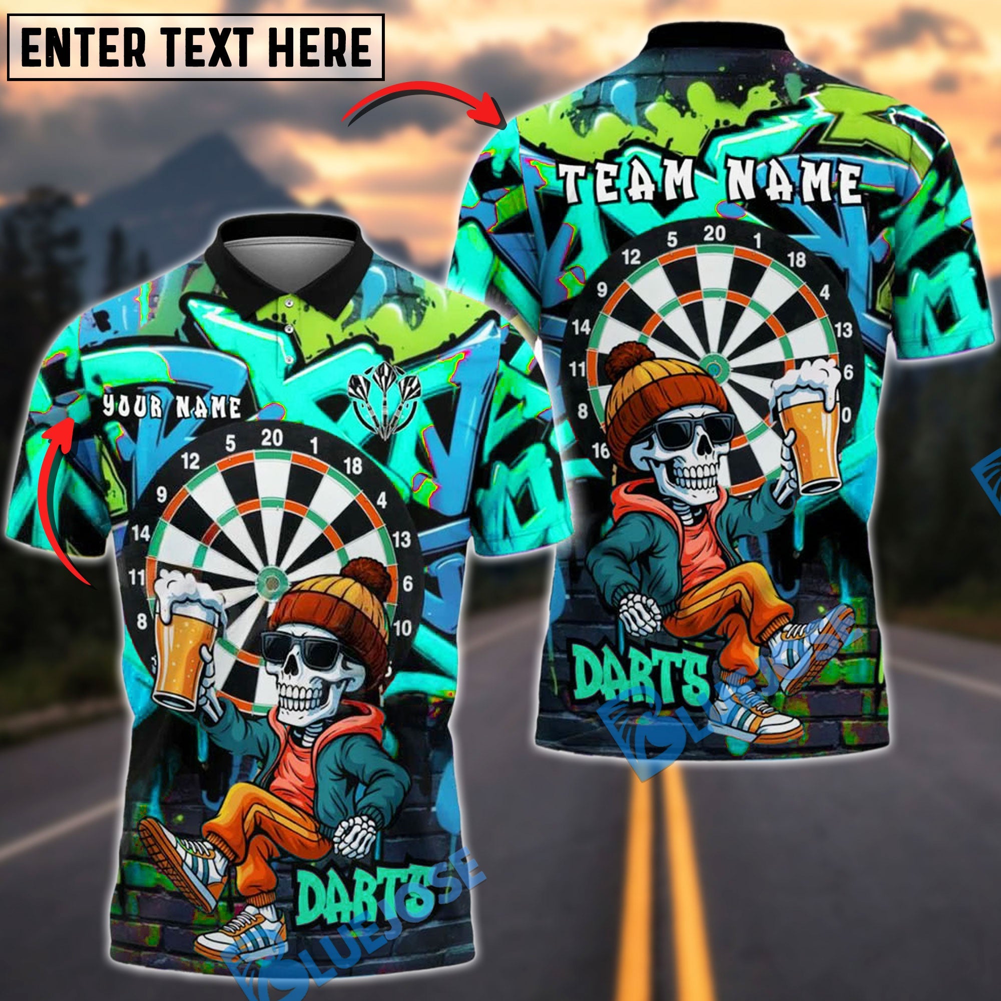 BlueJose Darts Graffiti Skeleton Beer Style Personalized Name, Team Name Shirt (4 Colors)
