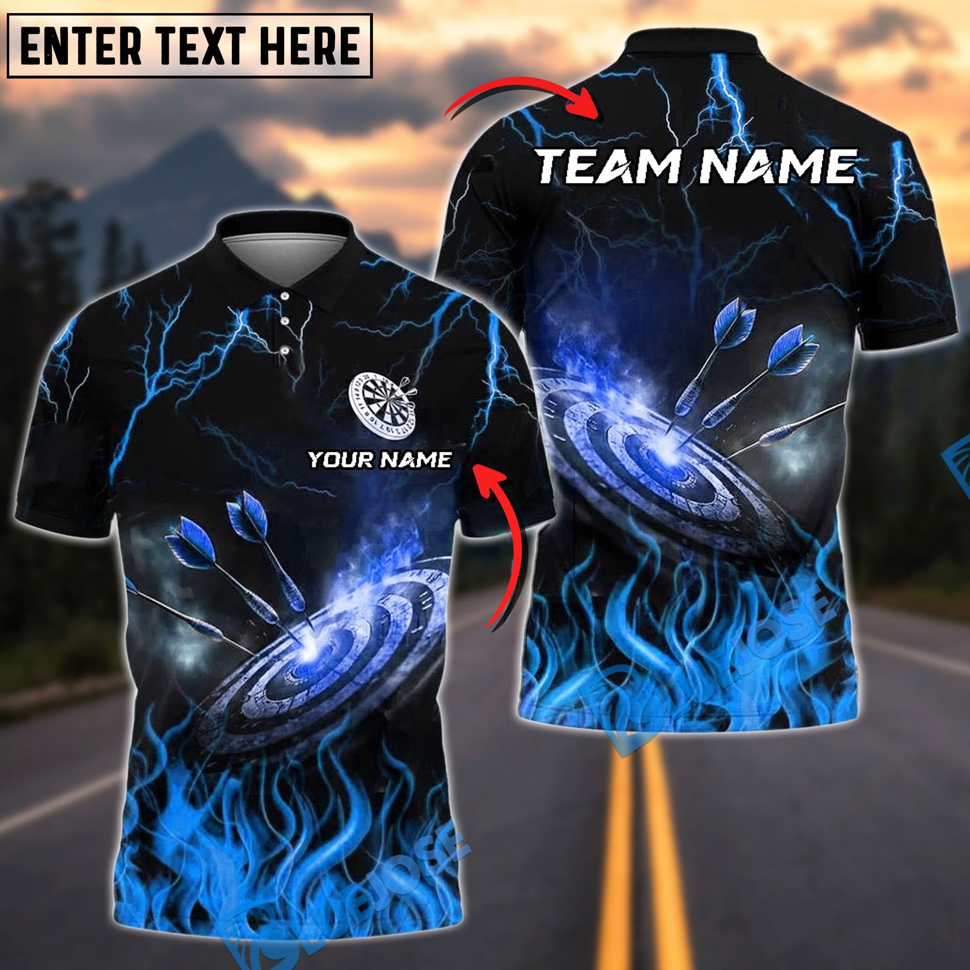 BlueJose Darts Bullseye Fire Strike Personalized Name, Team Name Shirt (4 Colors)