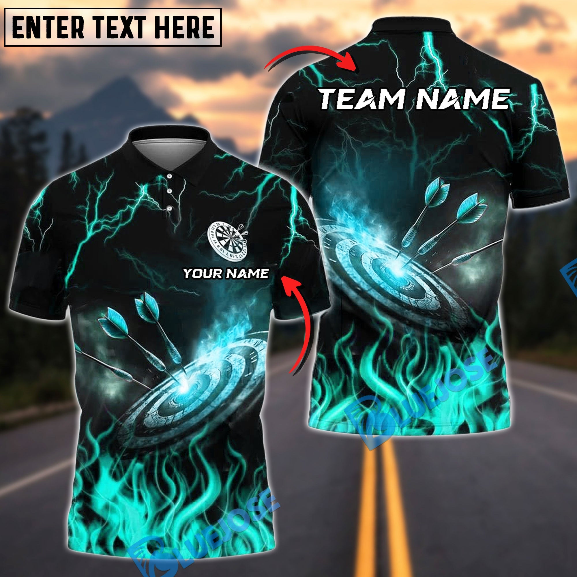 BlueJose Darts Bullseye Fire Strike Personalized Name, Team Name Shirt (4 Colors)