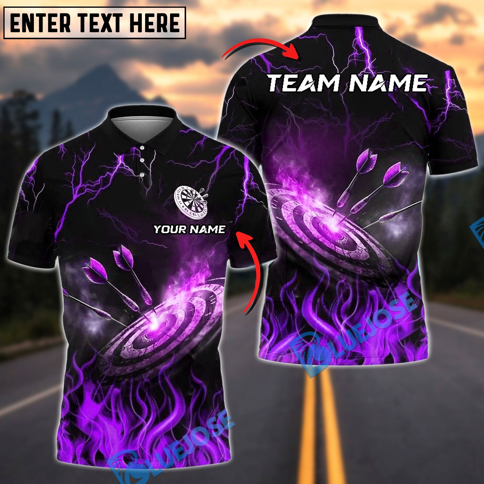 BlueJose Darts Bullseye Fire Strike Personalized Name, Team Name Shirt (4 Colors)