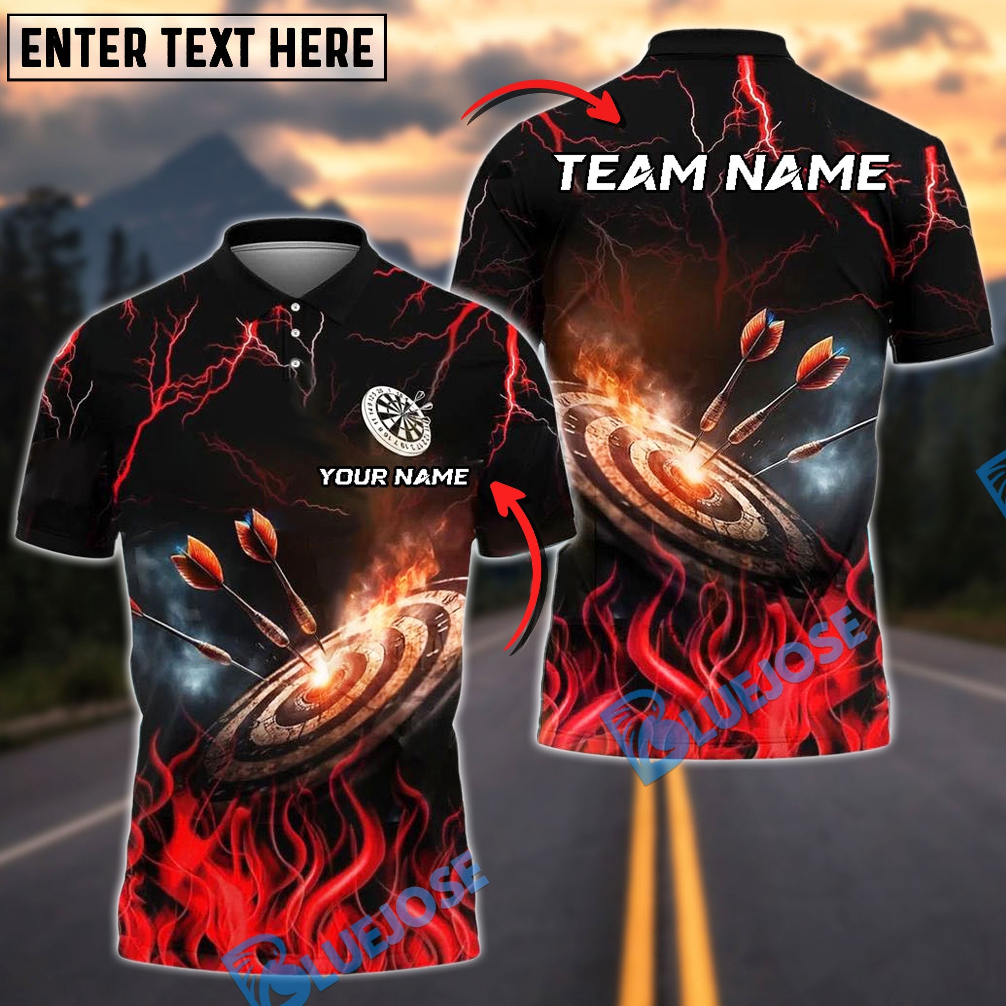 BlueJose Darts Bullseye Fire Strike Personalized Name, Team Name Shirt (4 Colors)