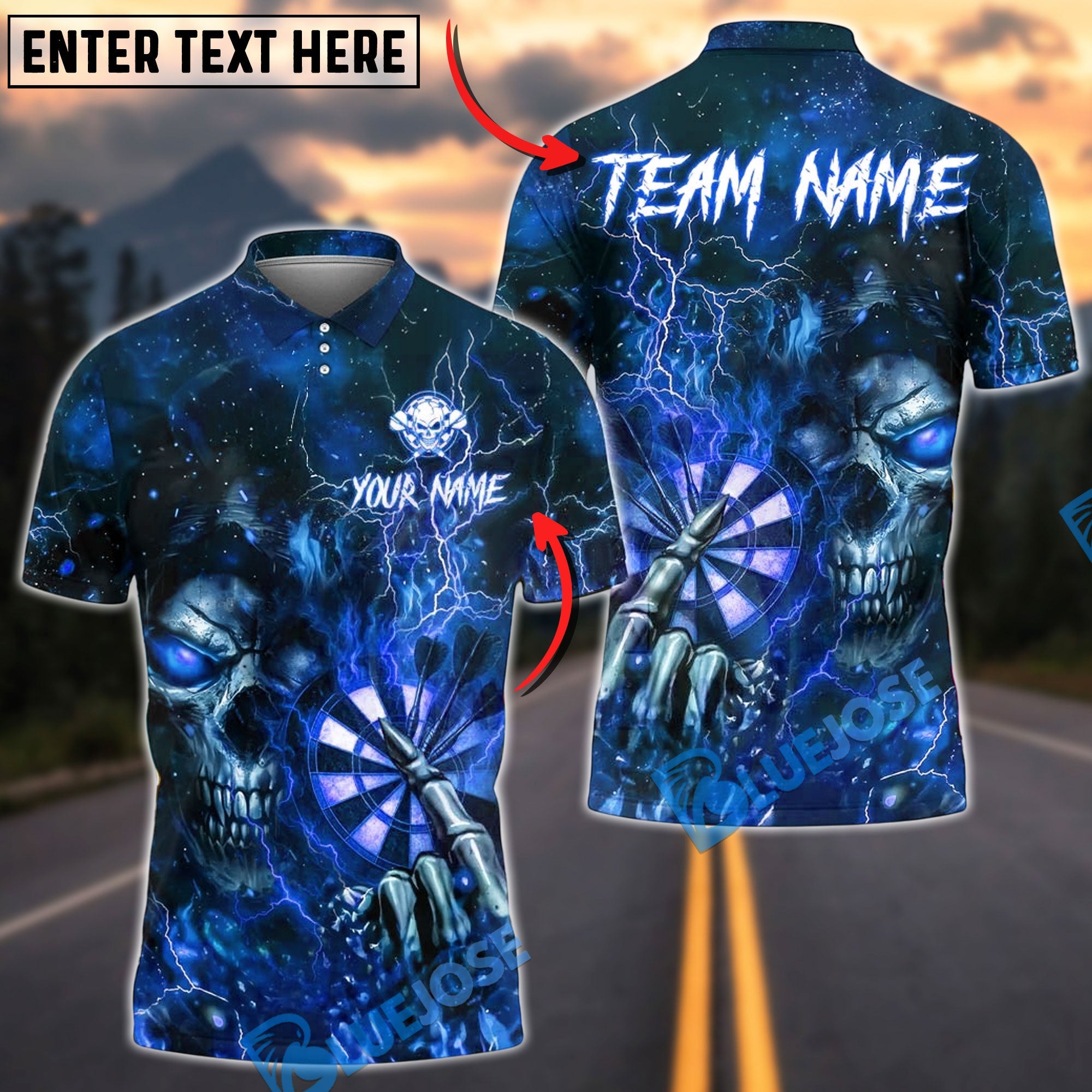 BlueJose Darts Dark Skull Dartboard Lightning Design Customized Name, Team Name 3D Shirt (4 Colors)