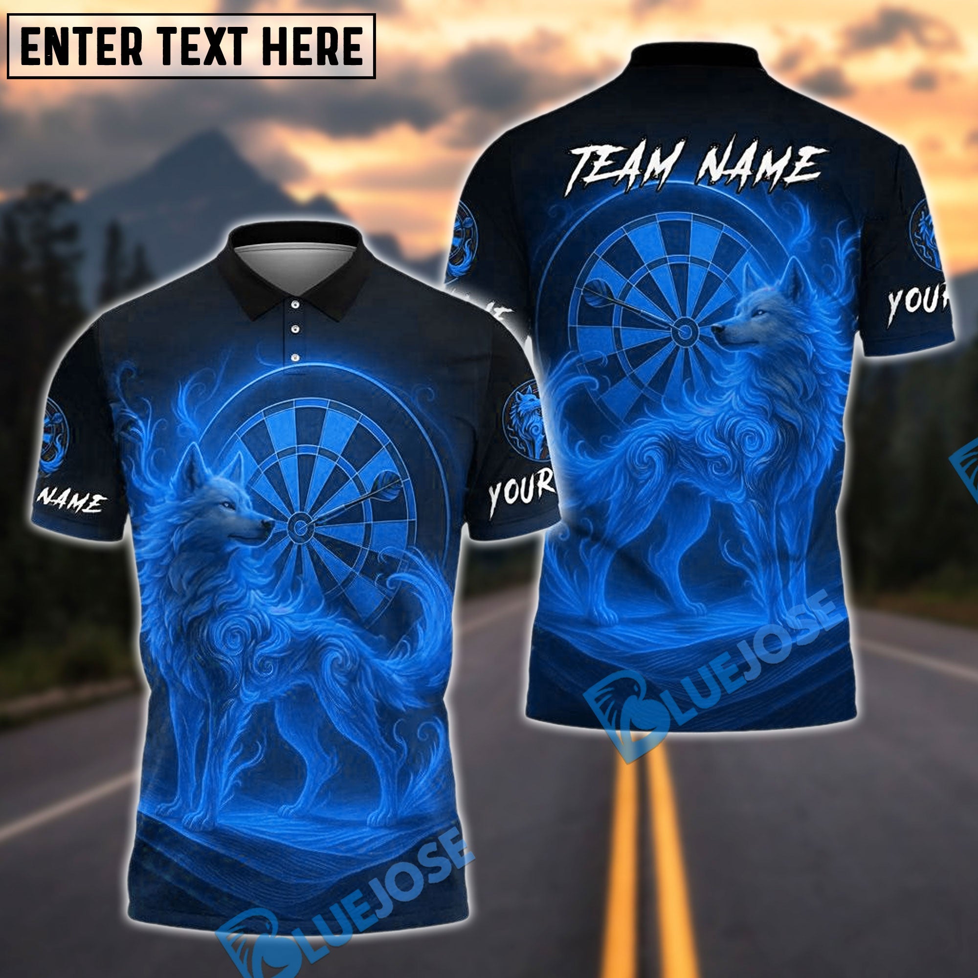 BlueJose Darts Flame Spirit Wolf Personalized Name, Team Name Shirt (4 Colors)