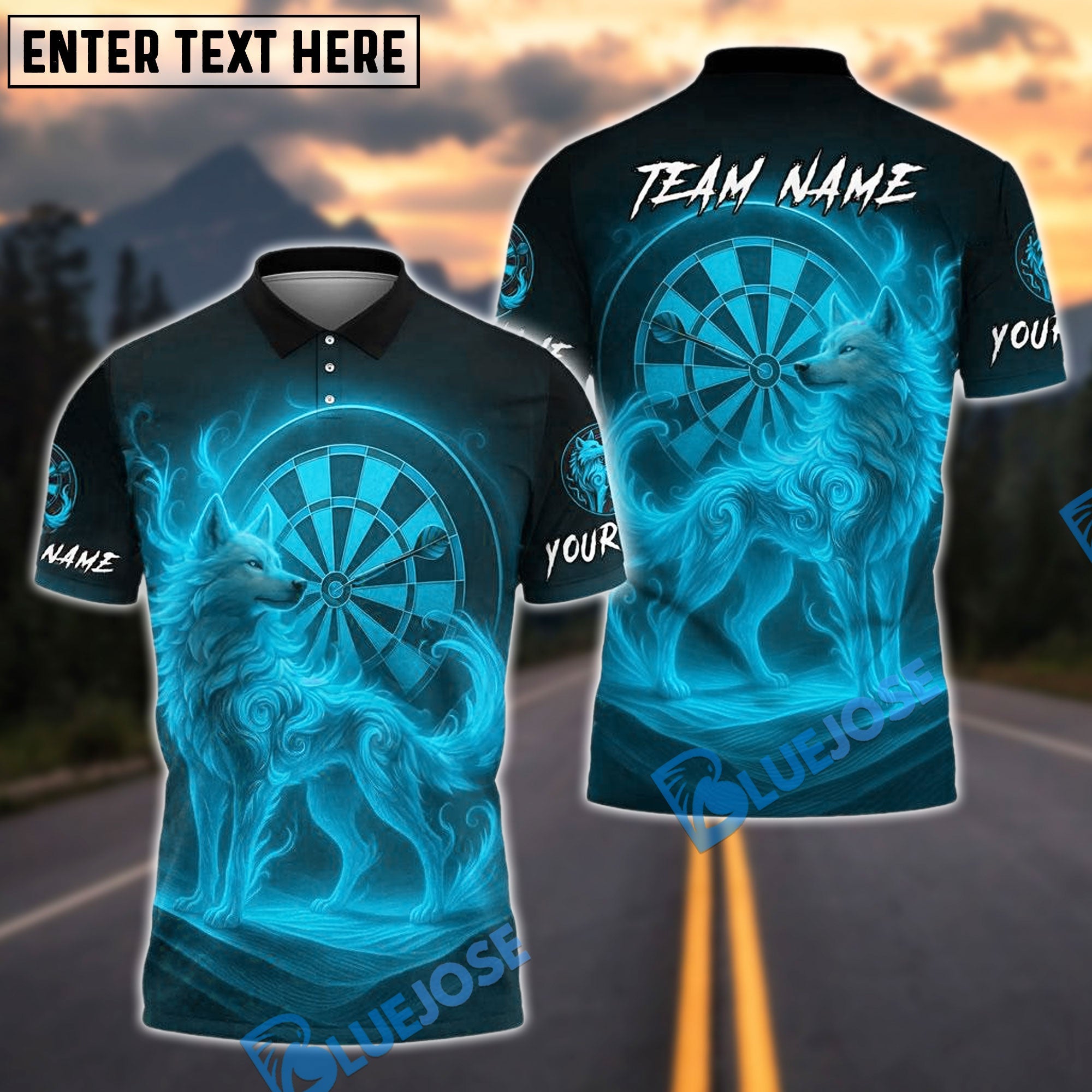BlueJose Darts Flame Spirit Wolf Personalized Name, Team Name Shirt (4 Colors)