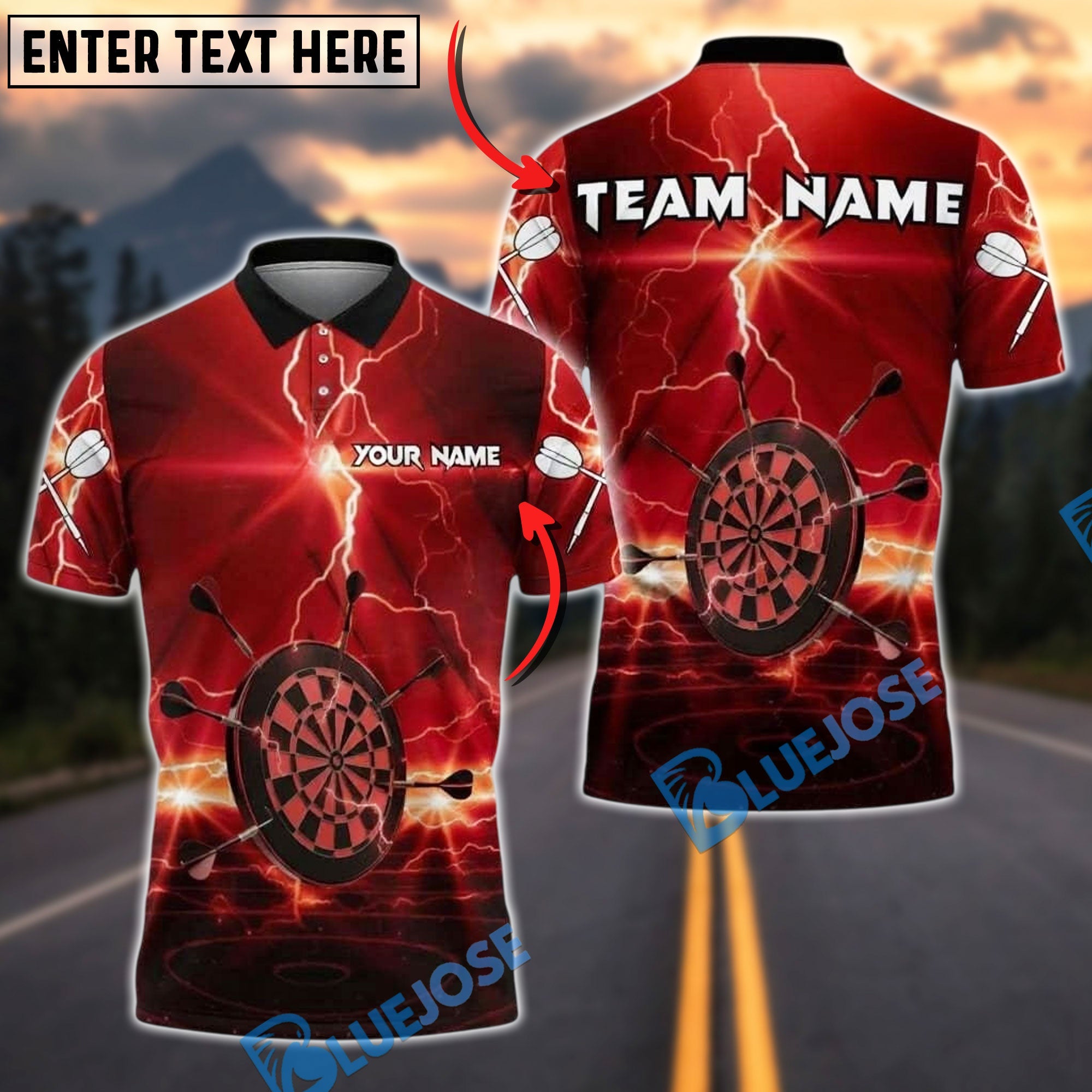 BlueJose Darts Lightning Glow Storm Personalized Name, Team Name Unisex Shirt (4 Colors)