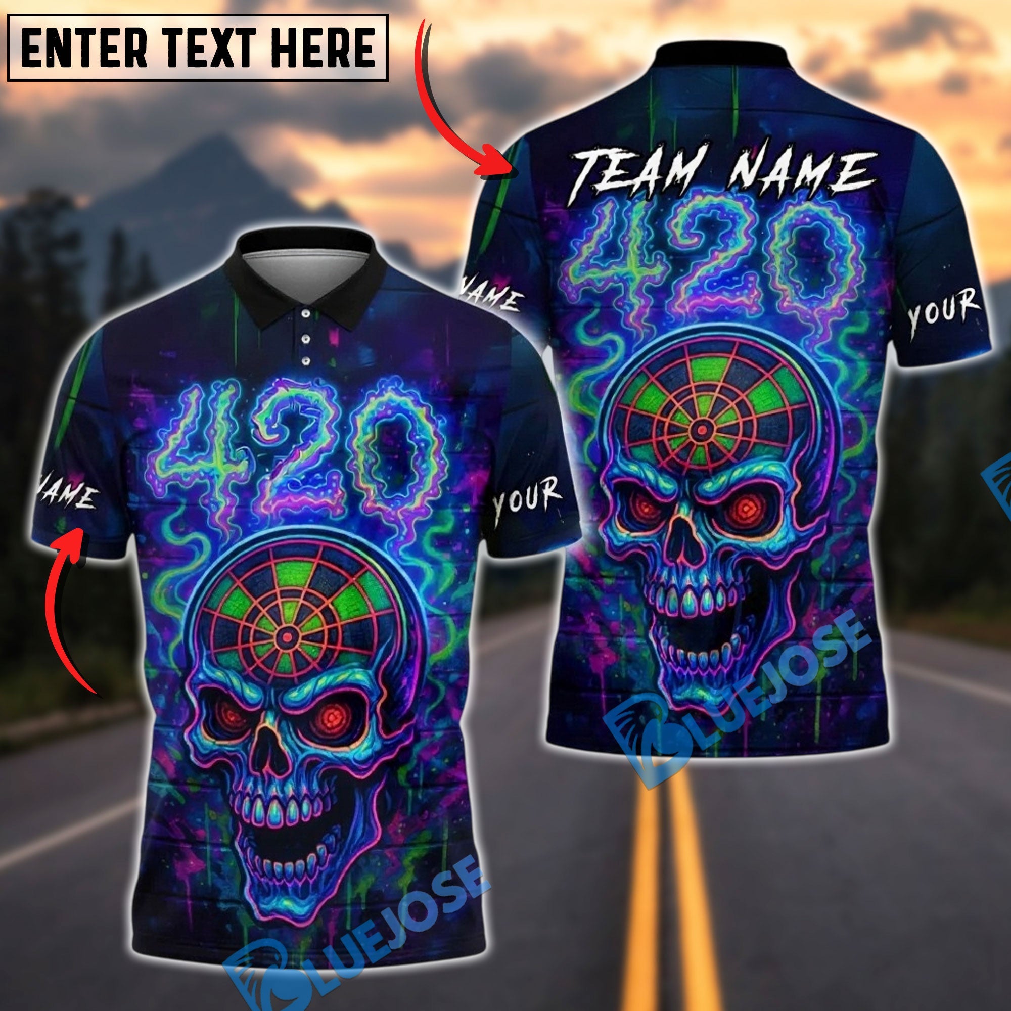 BlueJose Darts Skull 420 Neon Dartboard Glow Personalized Name, Team Name Unisex Shirt (4 Colors)