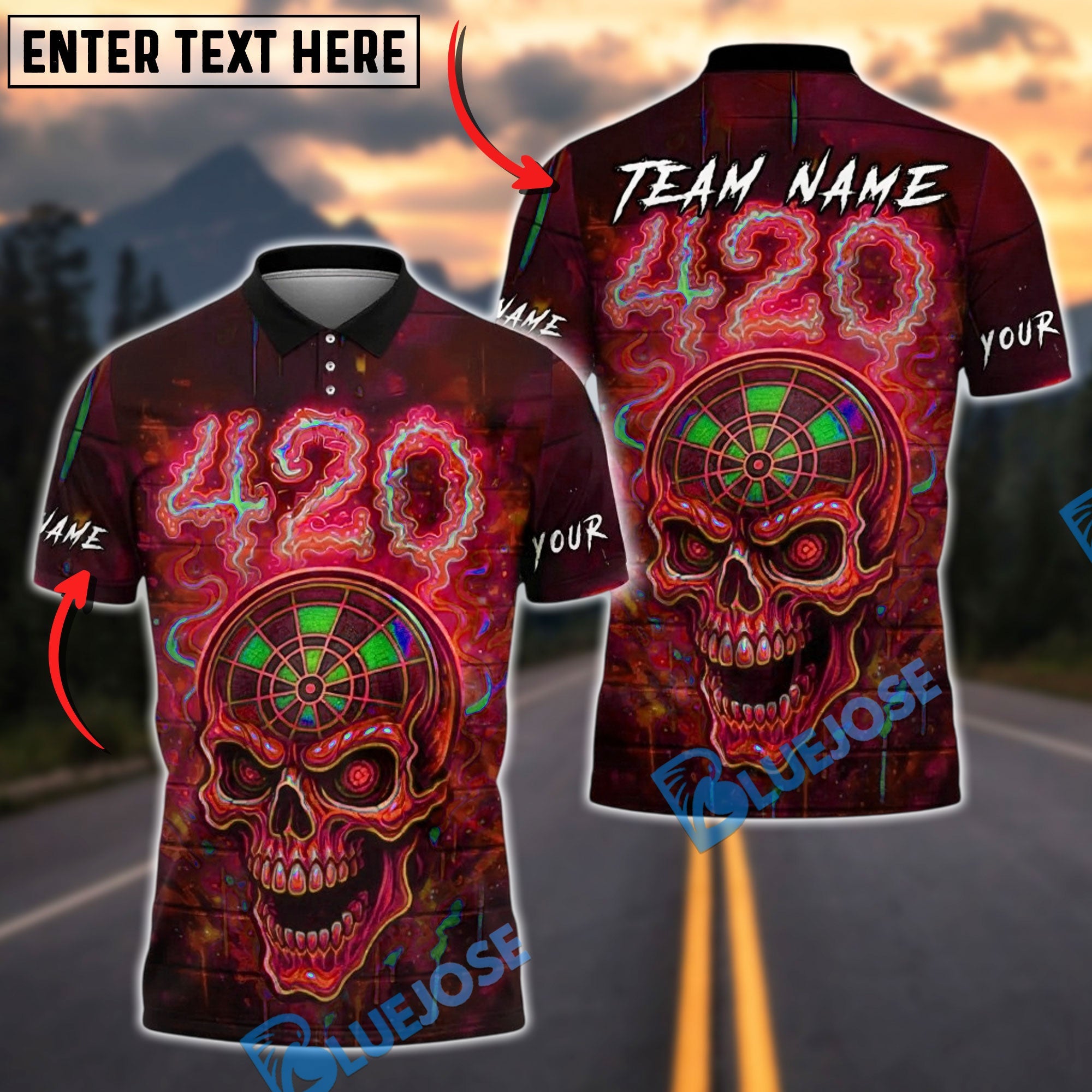 BlueJose Darts Skull 420 Neon Dartboard Glow Personalized Name, Team Name Unisex Shirt (4 Colors)