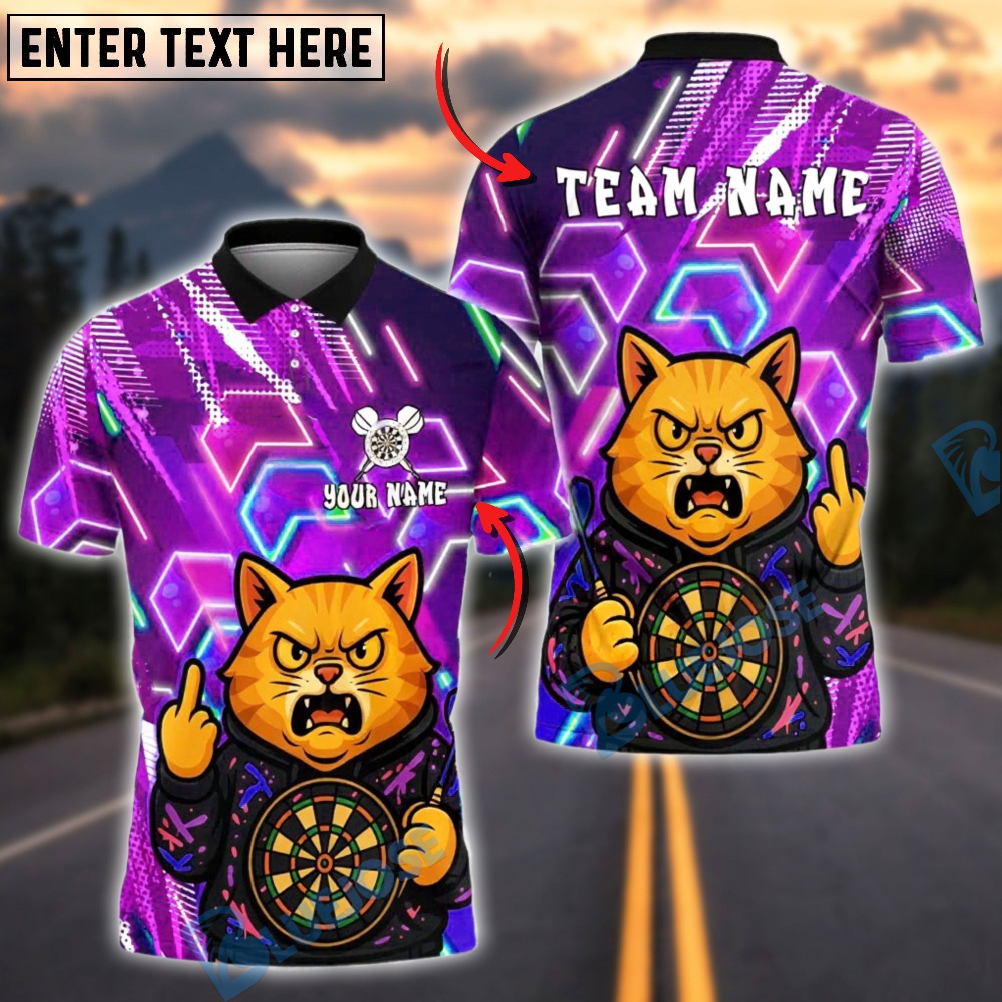 BlueJose Darts Cat Neon Angry Cat Customized Name, Team Name 3D Shirt (4 Colors)