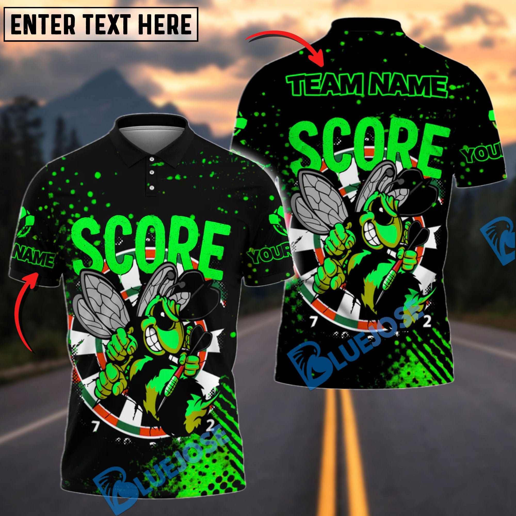 BlueJose Darts Angry Bee Mascot Design Personalized Name, Team Name Shirt (4 Colors)