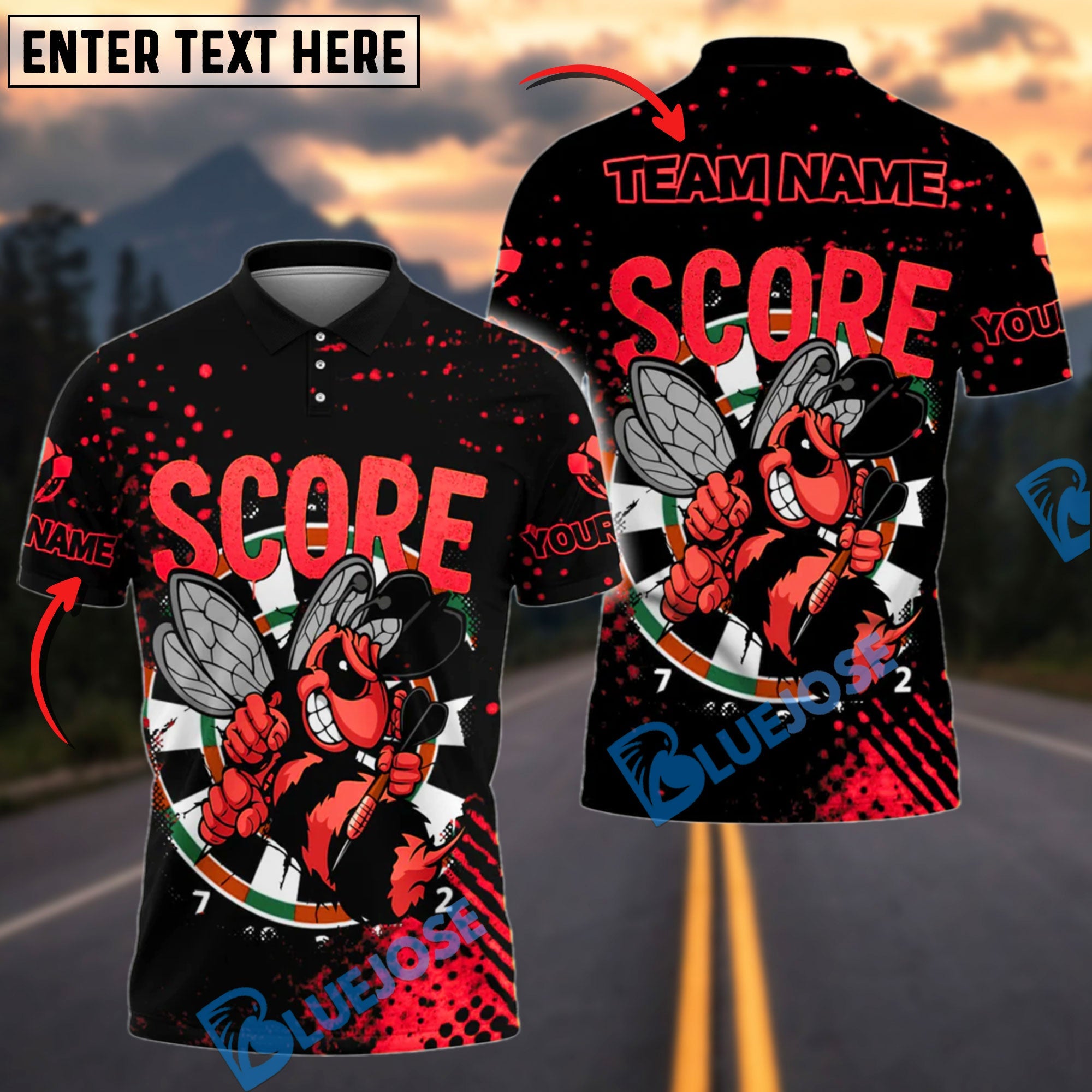 BlueJose Darts Angry Bee Mascot Design Personalized Name, Team Name Shirt (4 Colors)