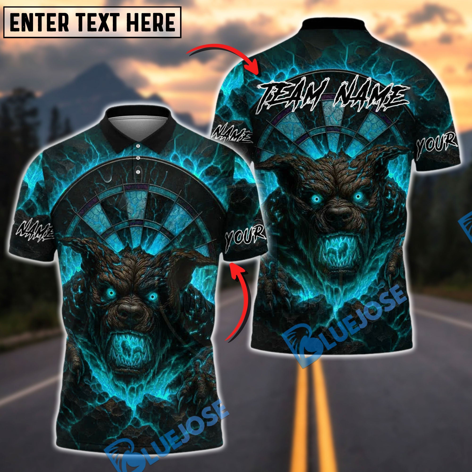 BlueJose Darts Demon Dog Fire Flame Customized Name, Team Name 3D Shirt (4 Colors)