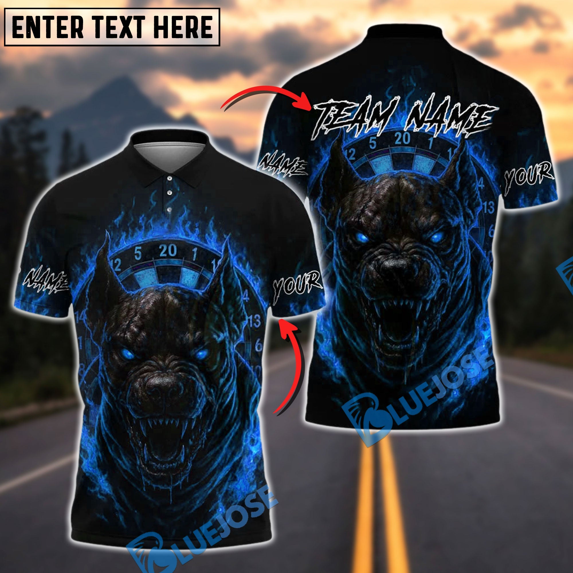BlueJose Darts Hellhound Flaming Customized Name, Team Name 3D Shirt (4 Colors)