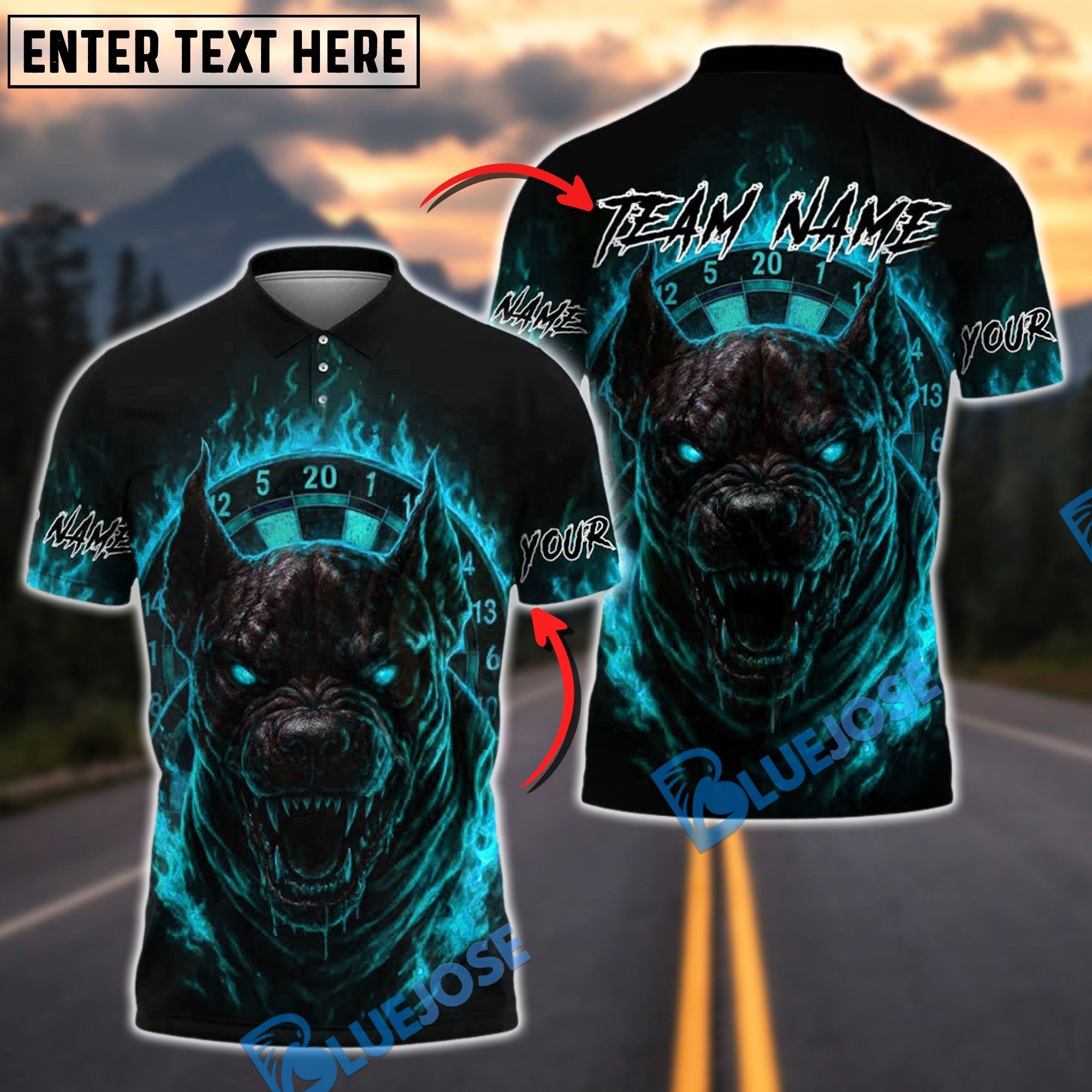 BlueJose Darts Hellhound Flaming Customized Name, Team Name 3D Shirt (4 Colors)