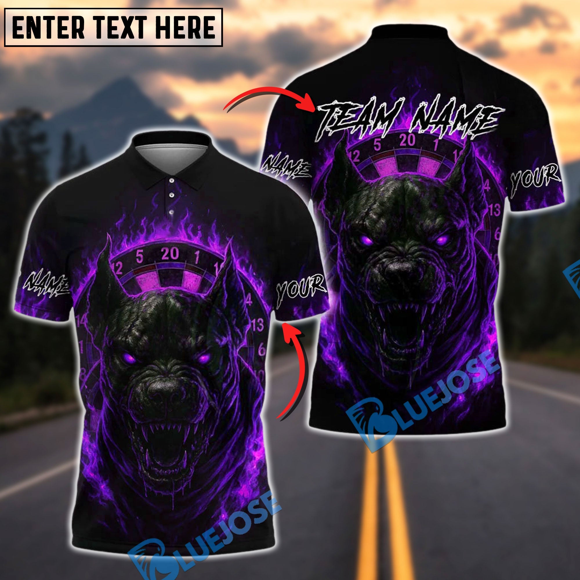 BlueJose Darts Hellhound Flaming Customized Name, Team Name 3D Shirt (4 Colors)