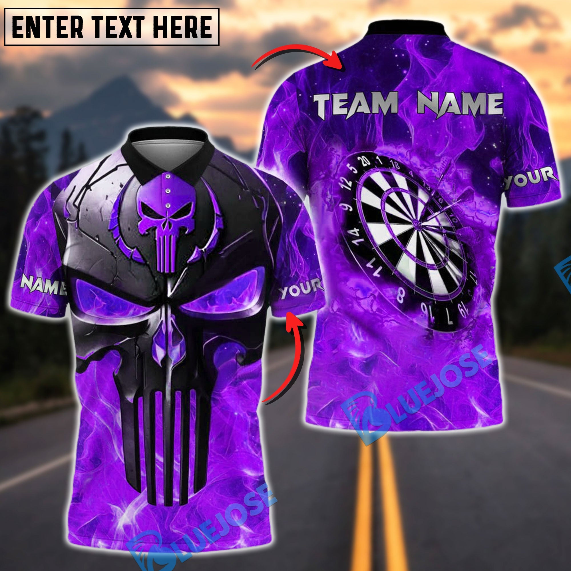 BlueJose Darts Skull Punisher Flame Customized Name, Team Name 3D Shirt (4 Colors)