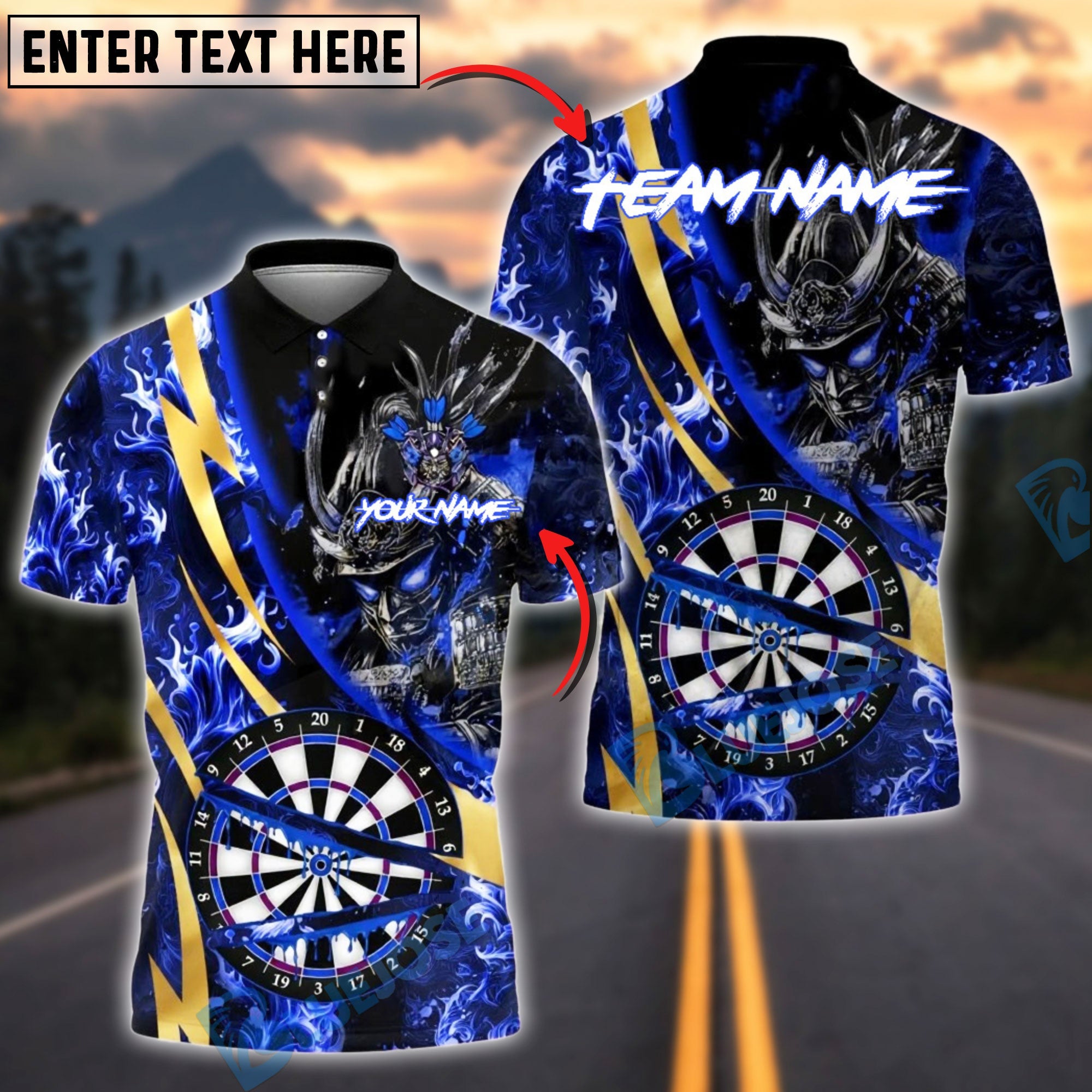 BlueJose Darts Samurai Line Gold Premium Fire Dartboard Customized Name, Team Name 3D Shirt (4 Colors)