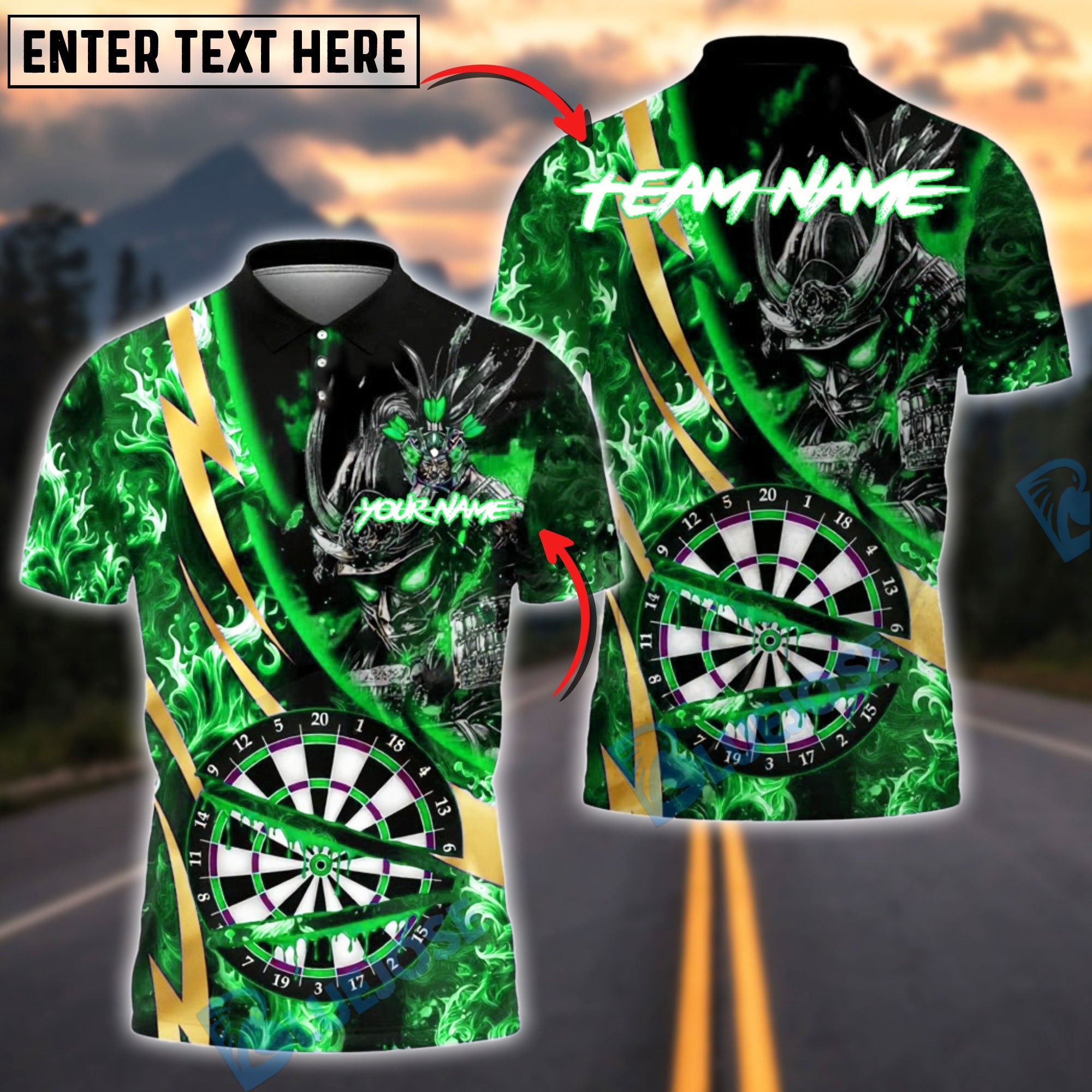 BlueJose Darts Samurai Line Gold Premium Fire Dartboard Customized Name, Team Name 3D Shirt (4 Colors)