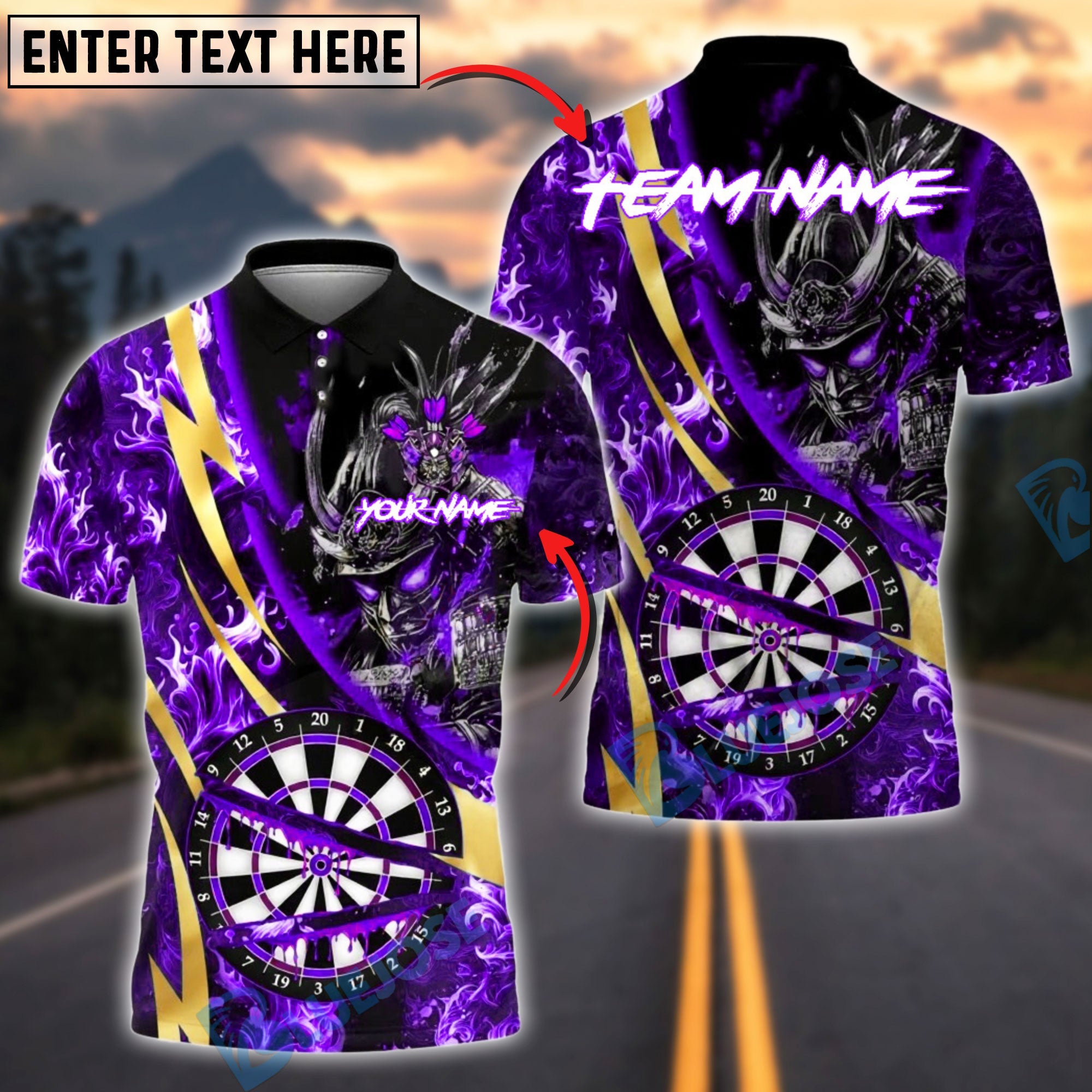 BlueJose Darts Samurai Line Gold Premium Fire Dartboard Customized Name, Team Name 3D Shirt (4 Colors)