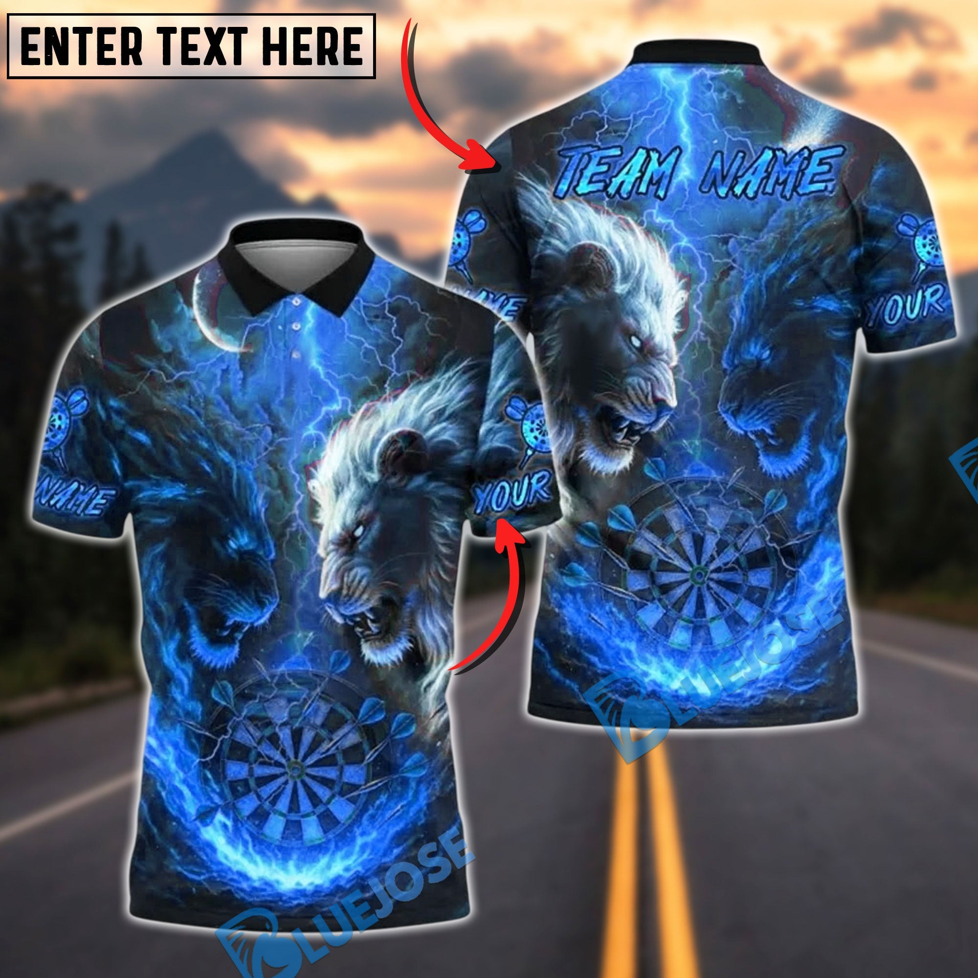 BlueJose Darts Lion Fire vs Ice Design Personalized Name, Team Name Unisex Shirt (4 Colors)