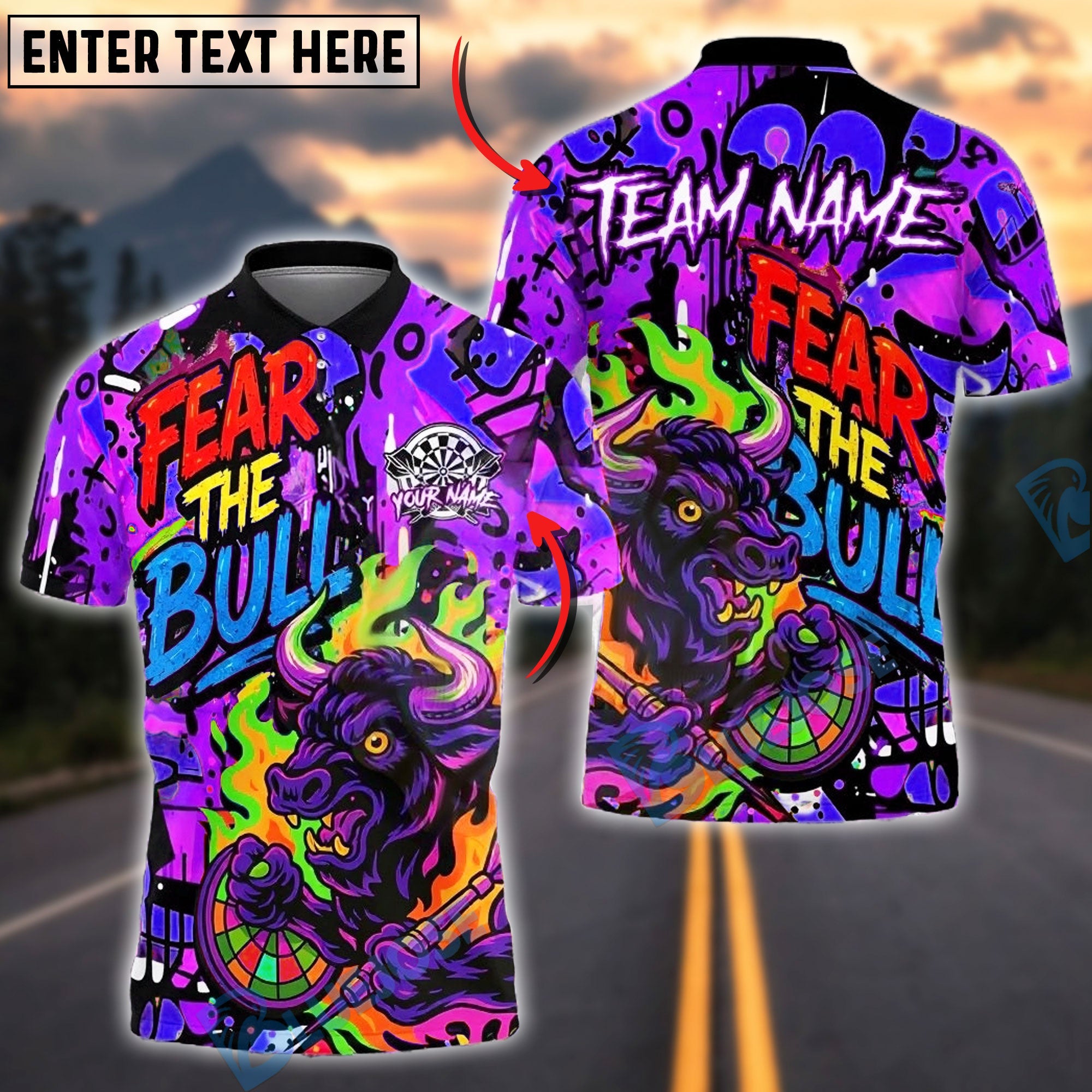 BlueJose Darts Fear The Bull Graffiti Style Customized Name, Team Name 3D Shirt (4 Colors)
