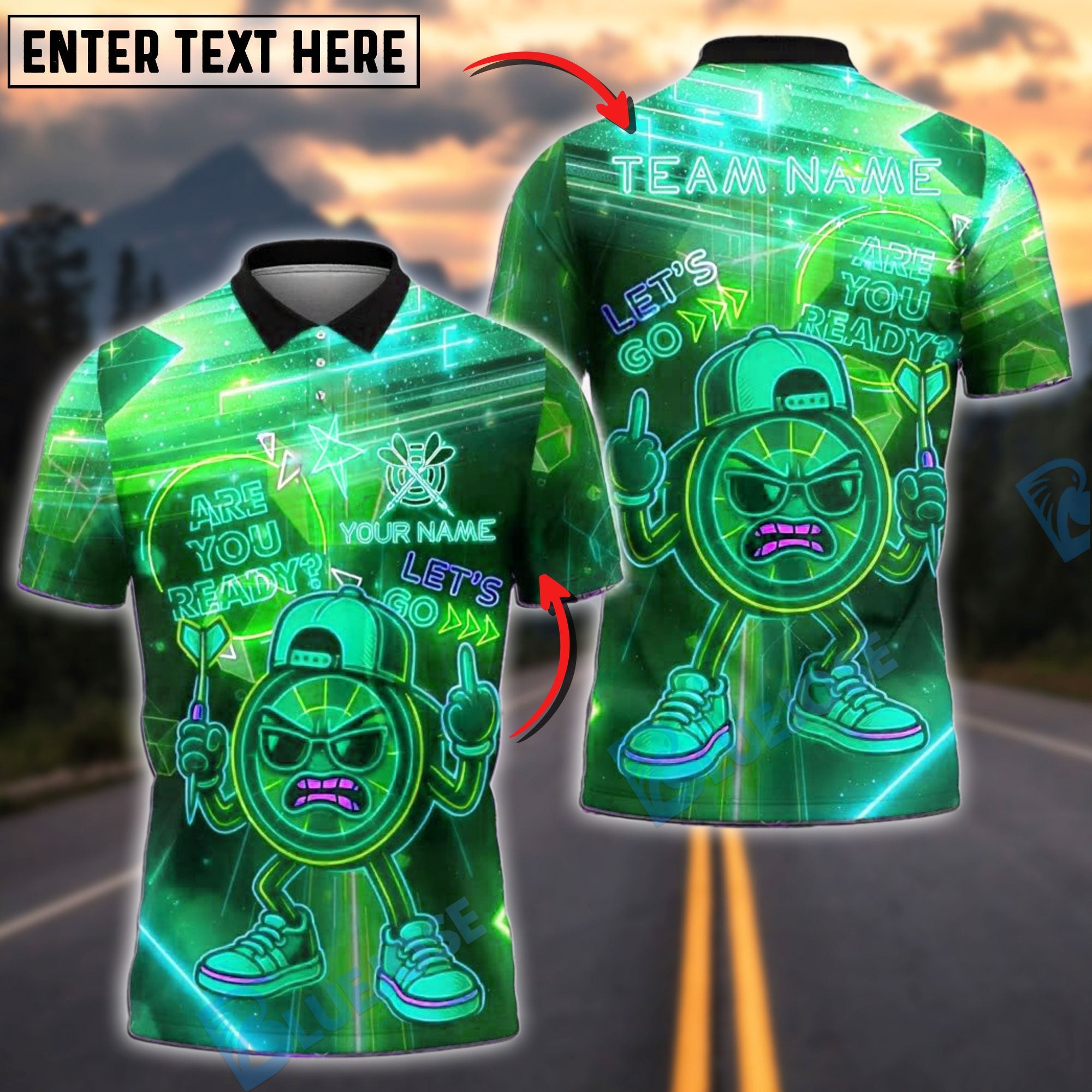 BlueJose Darts Neon Angry Cartoon Customized Name, Team Name 3D Shirt (4 Colors)