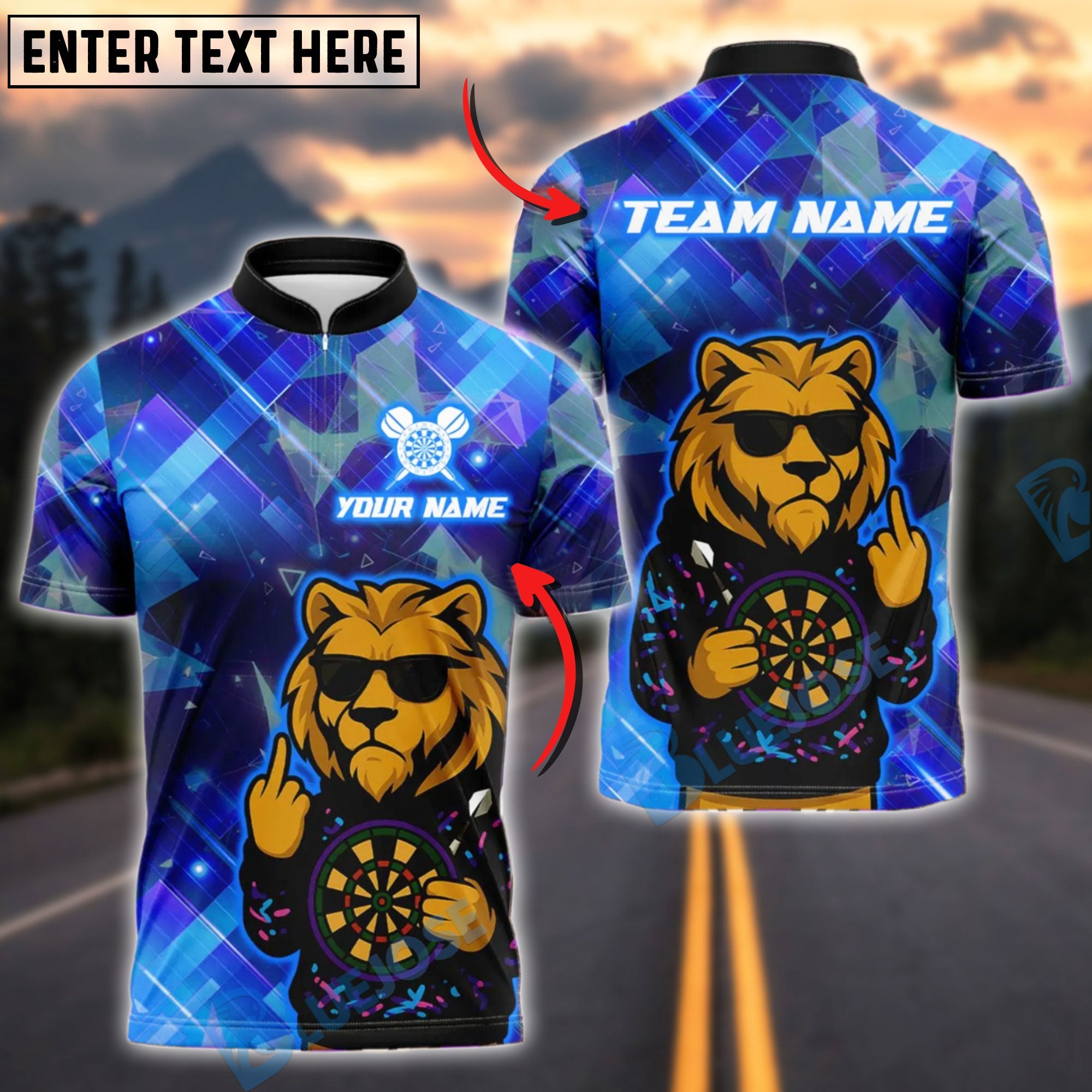 BlueJose Darts Cool Lion Sunglasses Neon Customized Name, Team Name 3D Shirt (4 Colors)