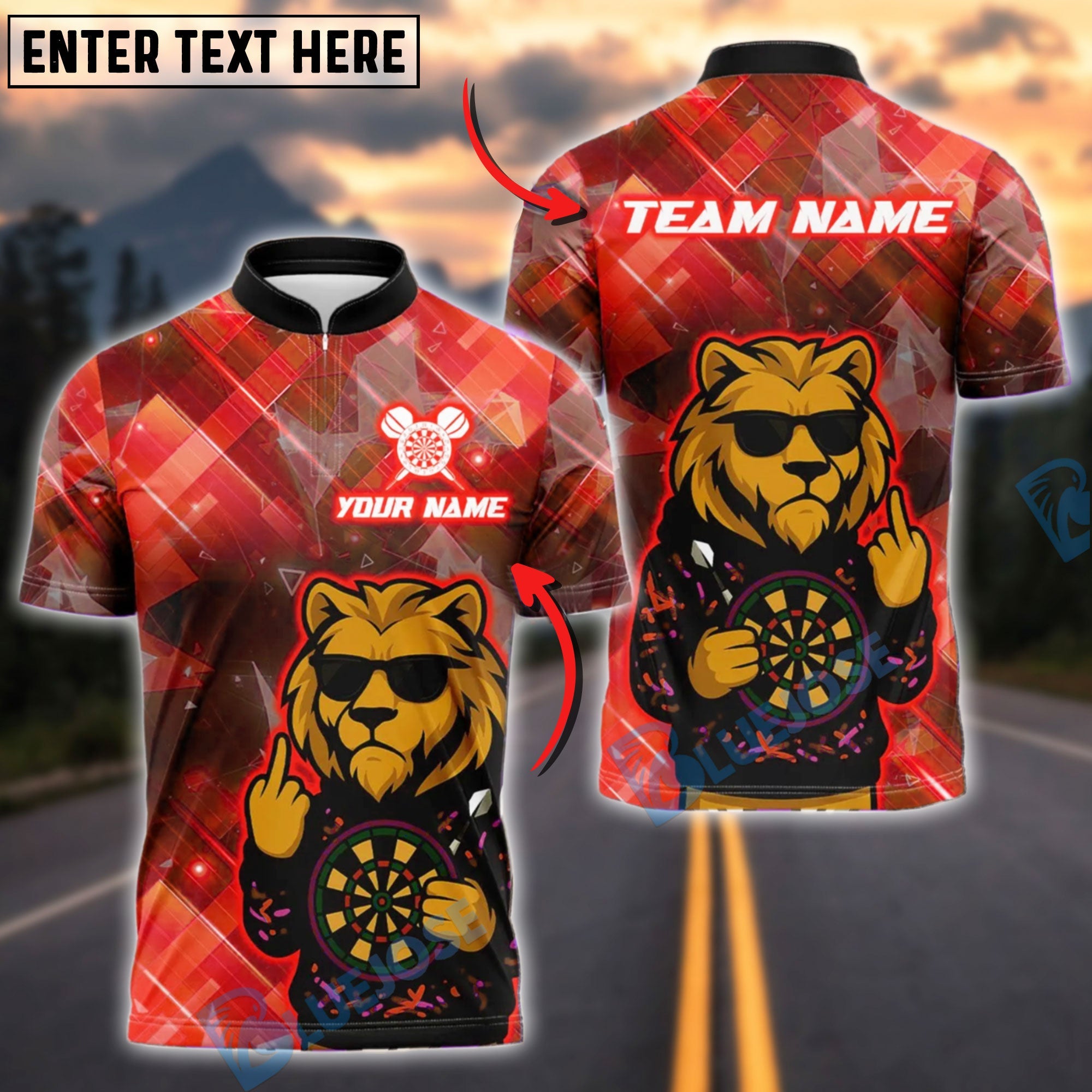 BlueJose Darts Cool Lion Sunglasses Neon Customized Name, Team Name 3D Shirt (4 Colors)