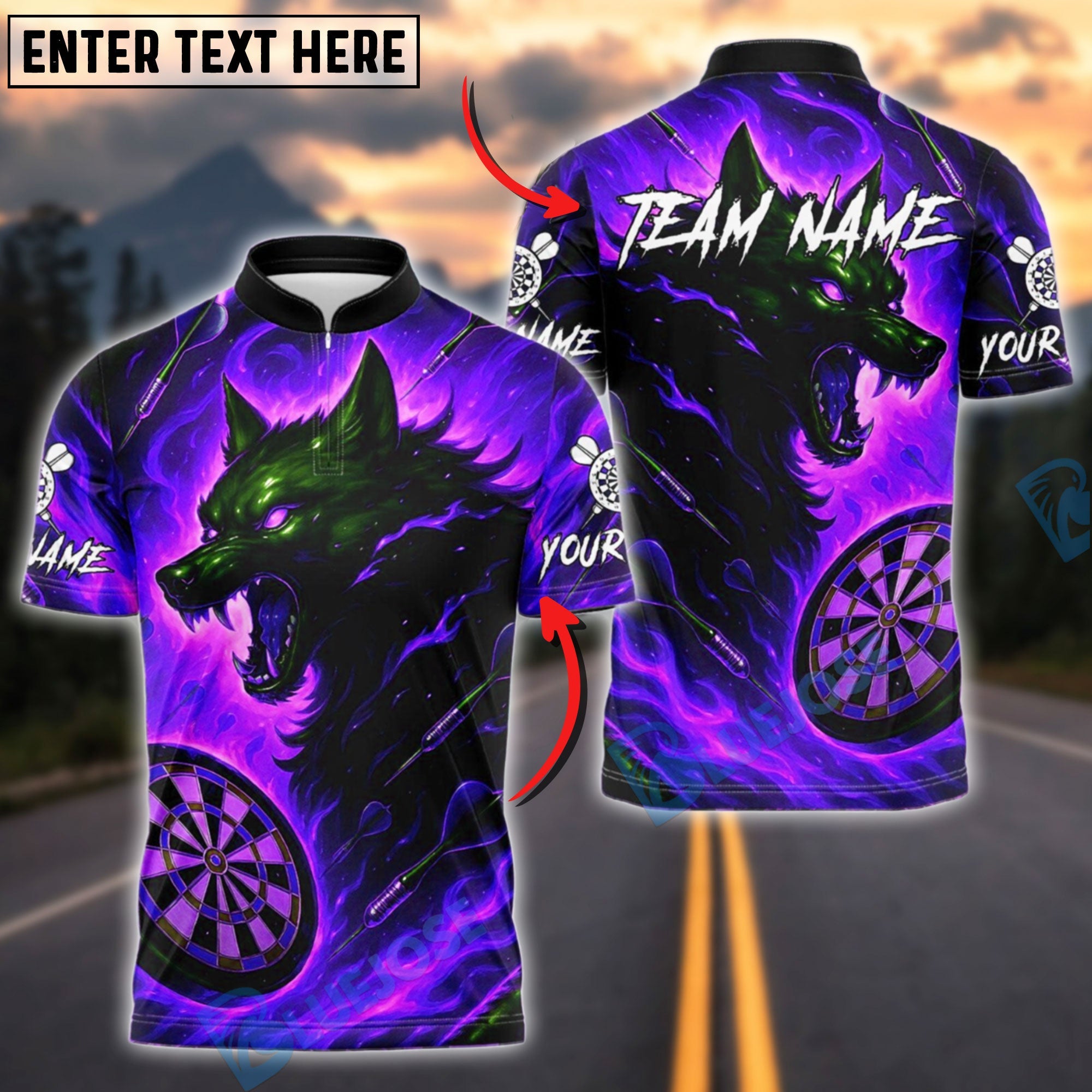 BlueJose Darts Wolf Fire Flame Customized Name, Team Name 3D Shirt (4 Colors)