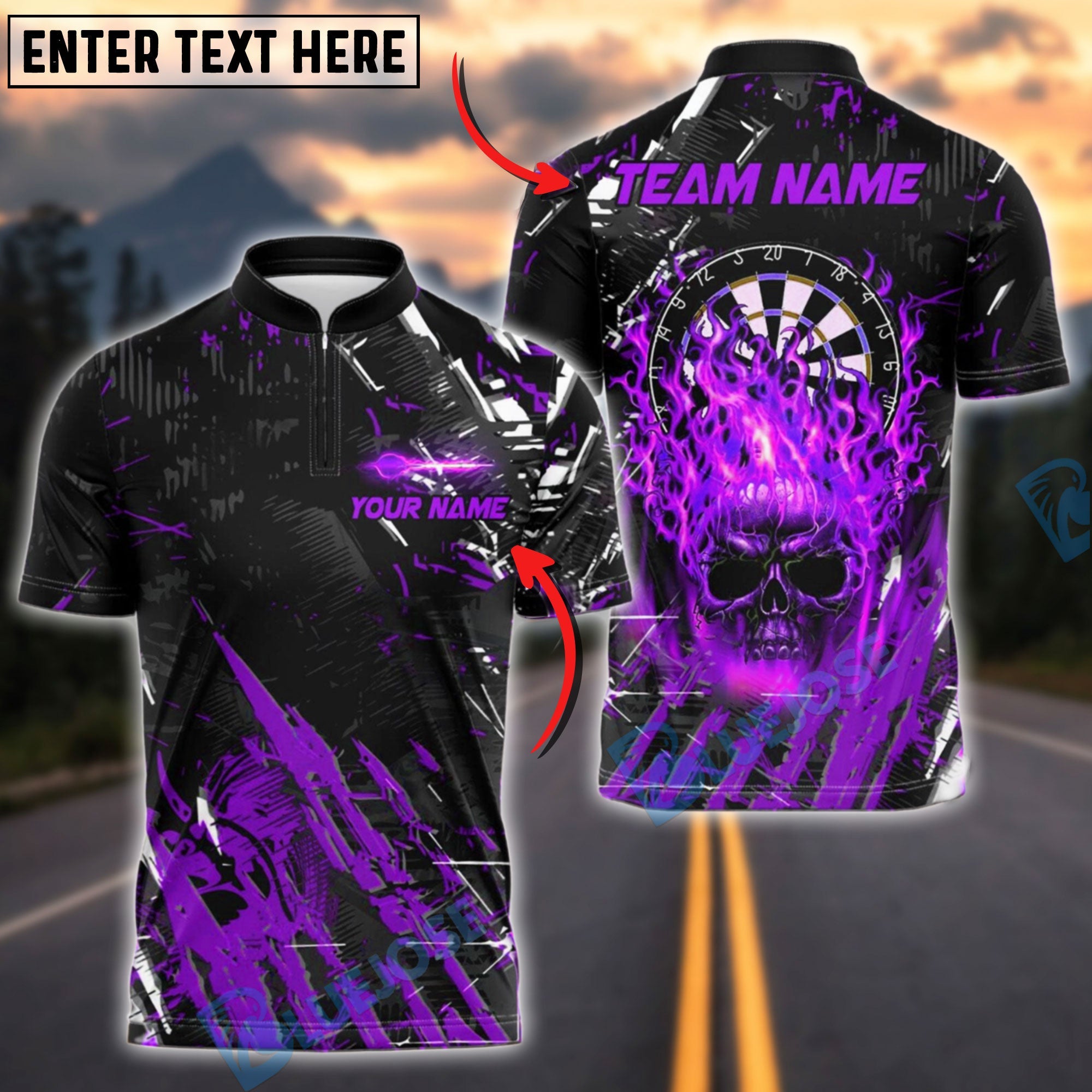 BlueJose Darts Skull Fire Flame Customized Name, Team Name 3D Shirt (4 Colors)